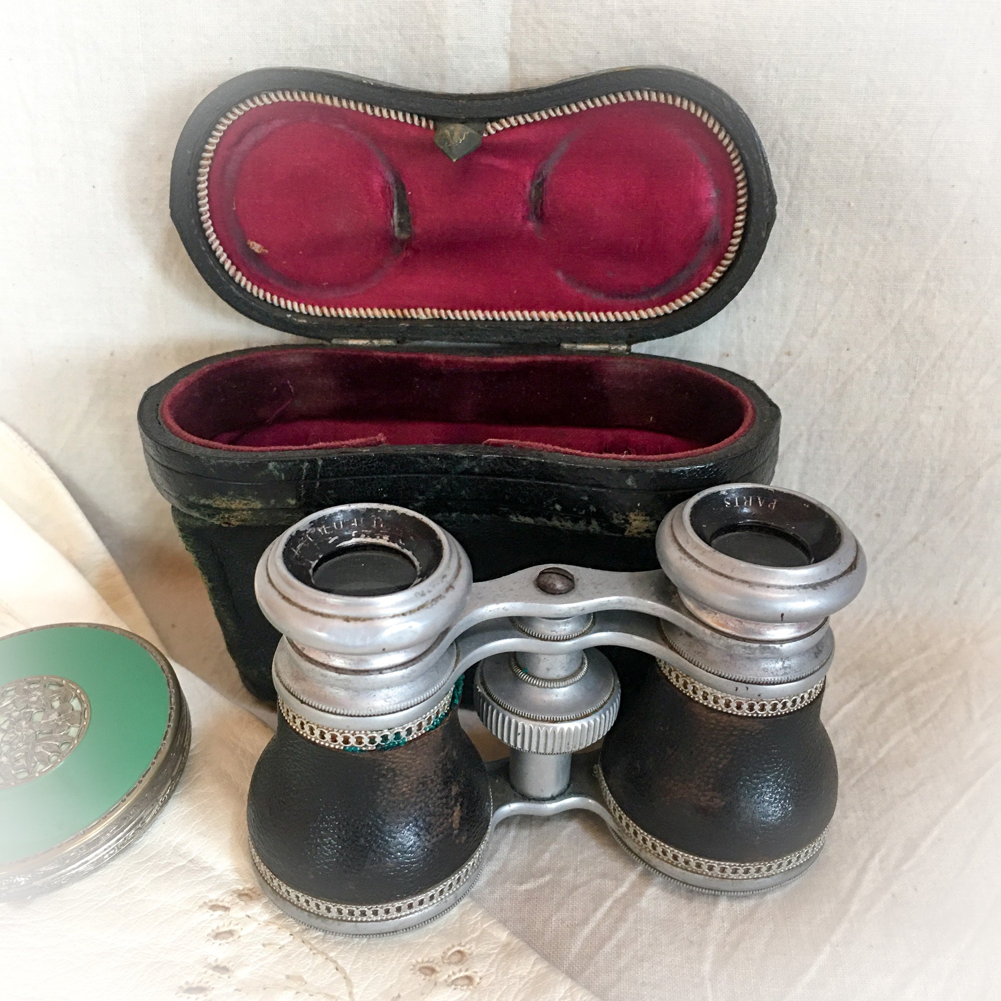 Early 1900’s Lamour Paris Opera Glasses with Silk Lined Leather Case