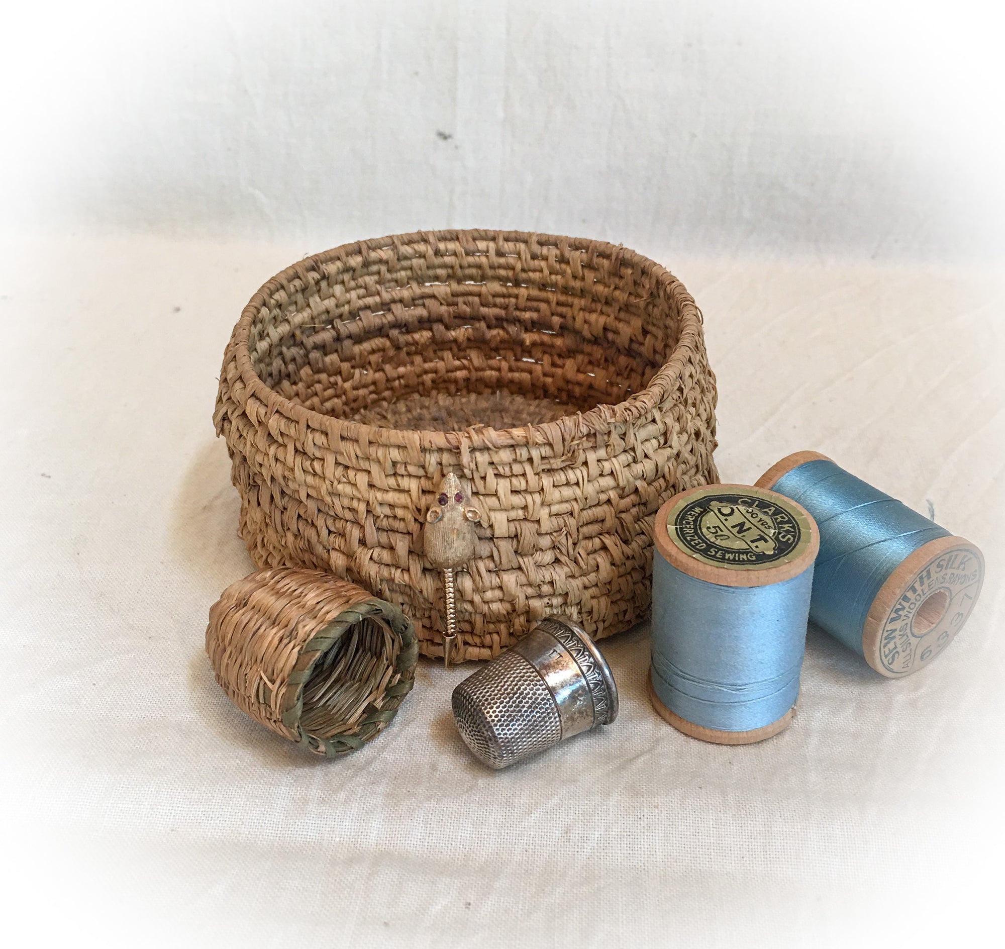 Antique Woven Sweetgrass Basket with Thimble Basket & Sterling Silver Thimble – Tiny Mouse Tie Tack Included!
