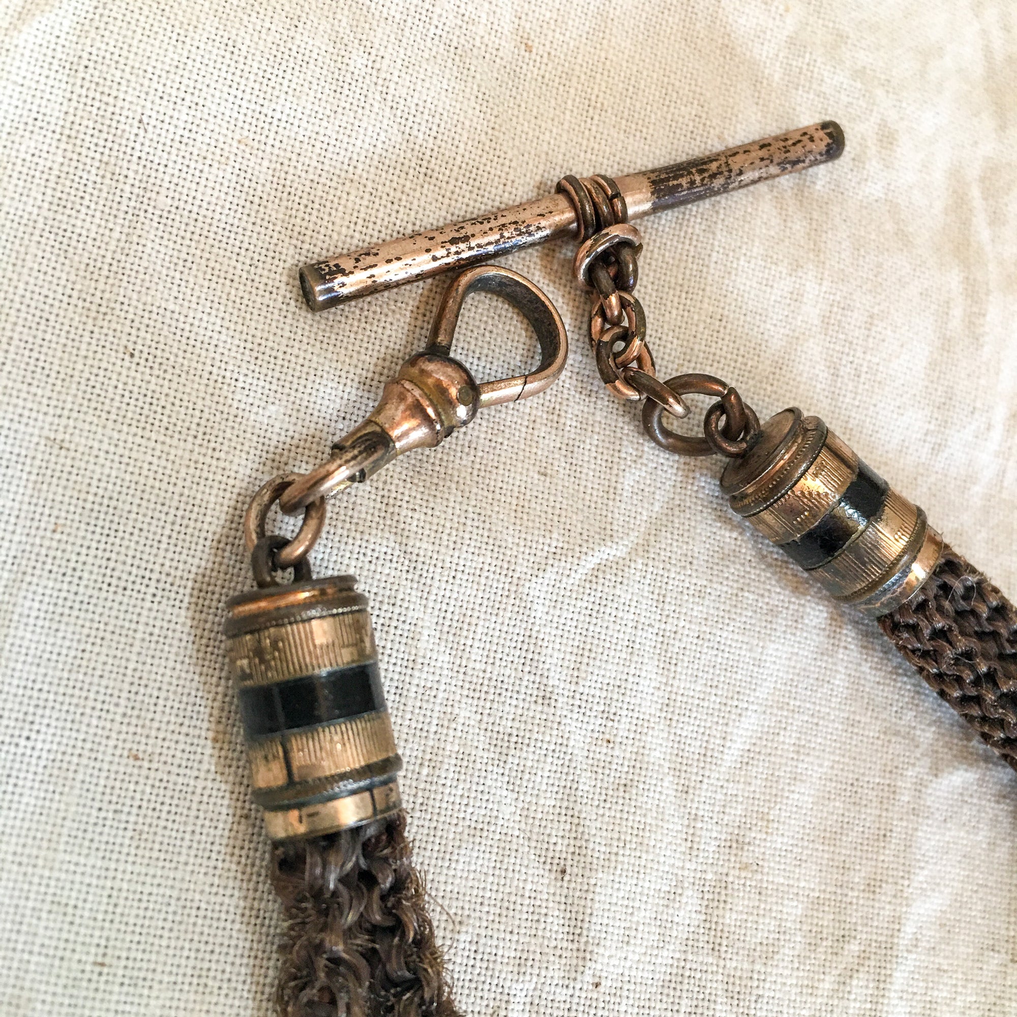 Victorian Era Woven Hair Jewelry, Watch Fob with Gold Plated Accents and Polished Stone or Glass Bead