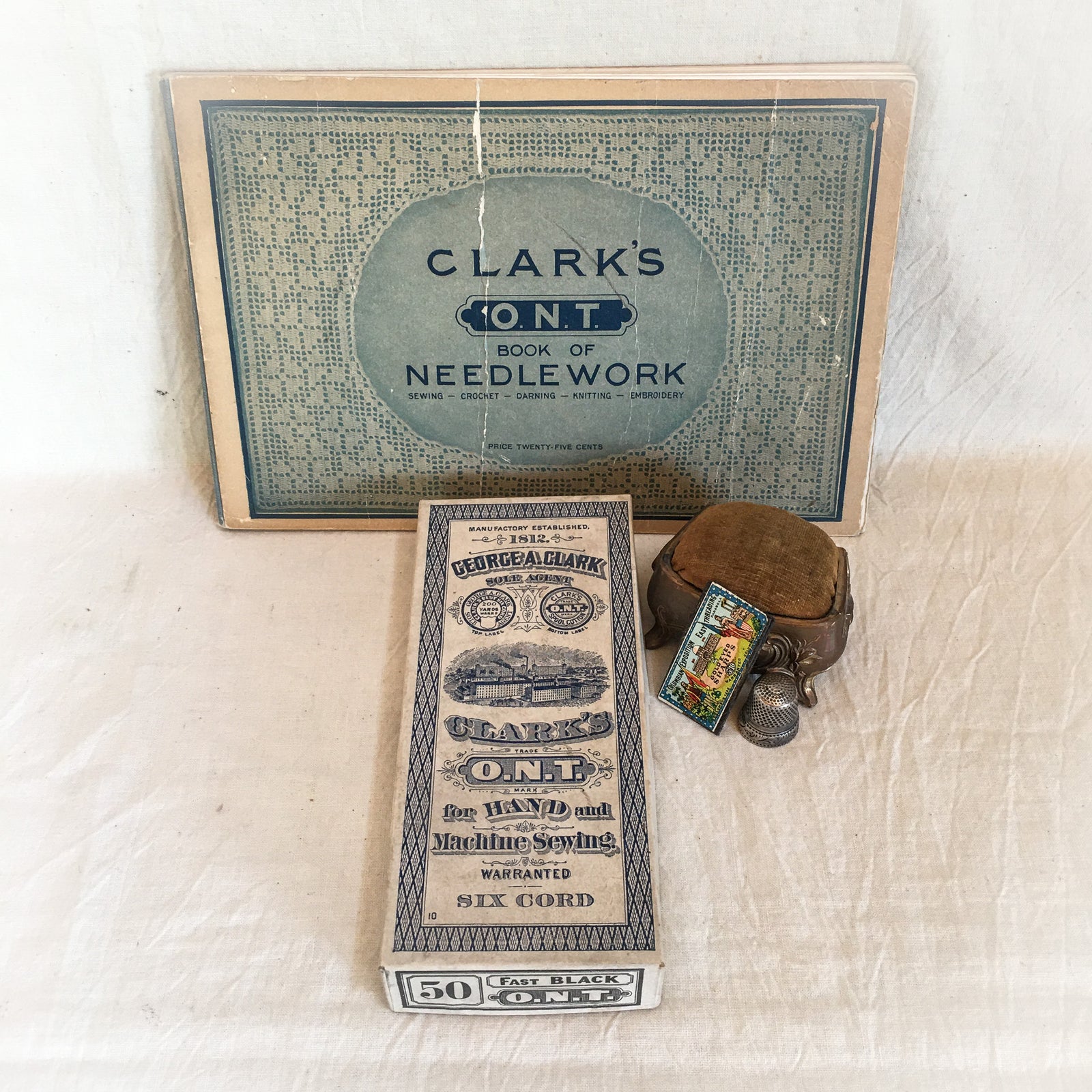 1916 Clark’s Book of Needlework and Clark’s O.N.T. Thread Box with 6 Spools Black Thread