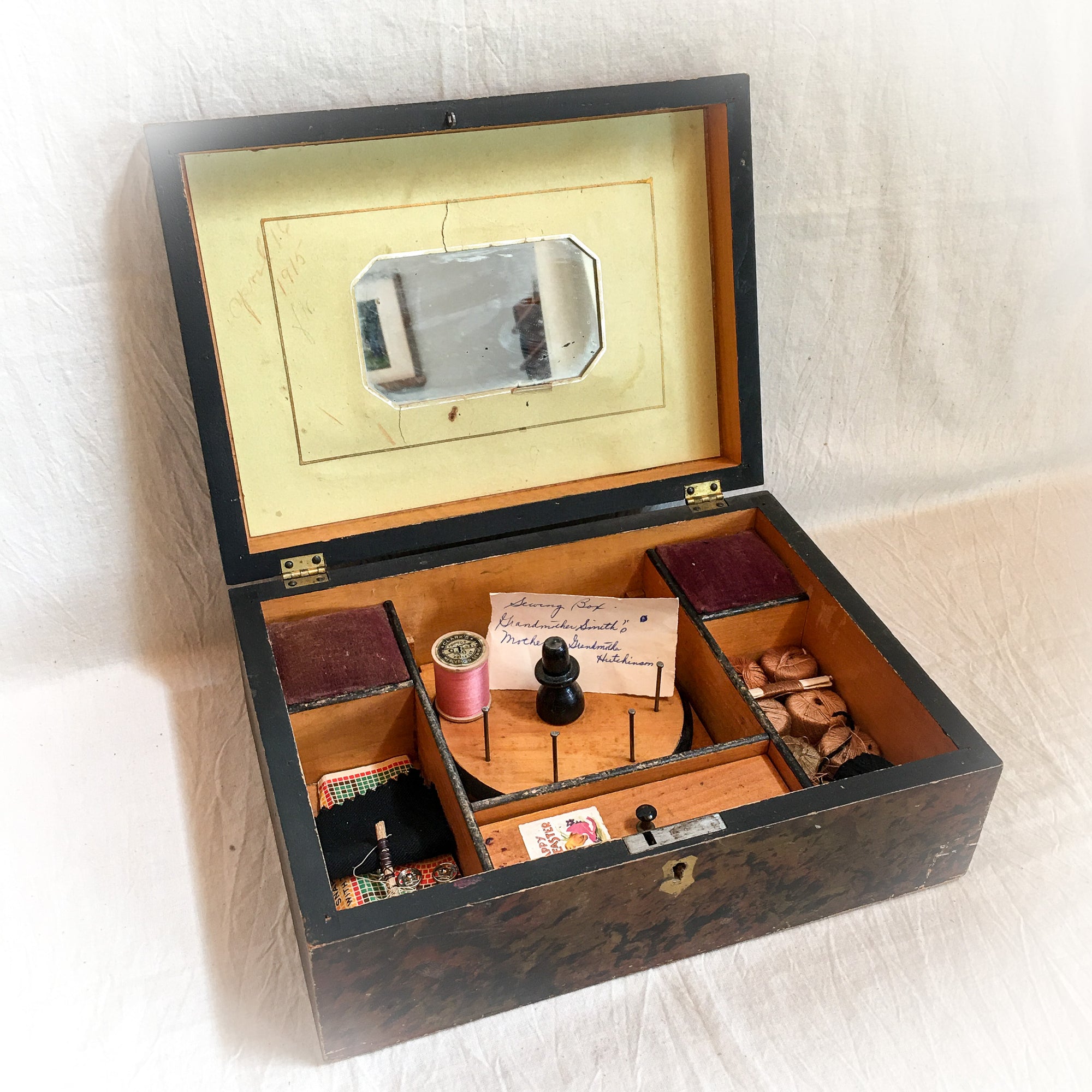 1915 Sewing Box with Contents, Original Pin Cushions, Removable Spool Caddy