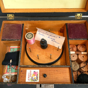 1915 Sewing Box with Contents, Original Pin Cushions, Removable Spool Caddy