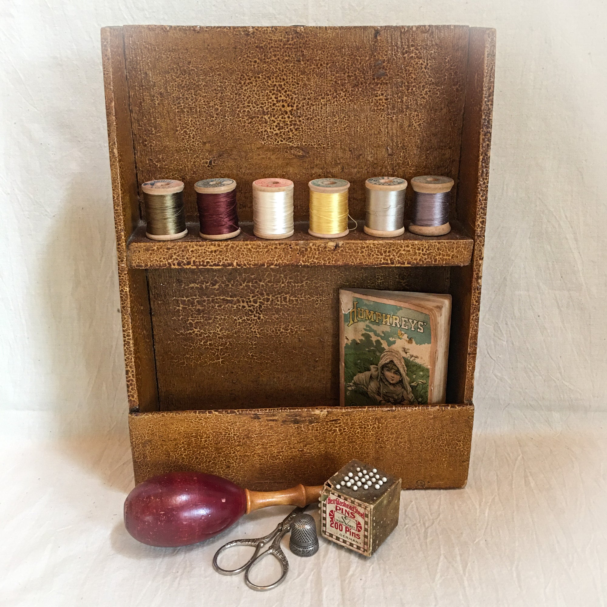 Antique Wall Shelf, Spool Holder with 6 Spools of Silk Thread