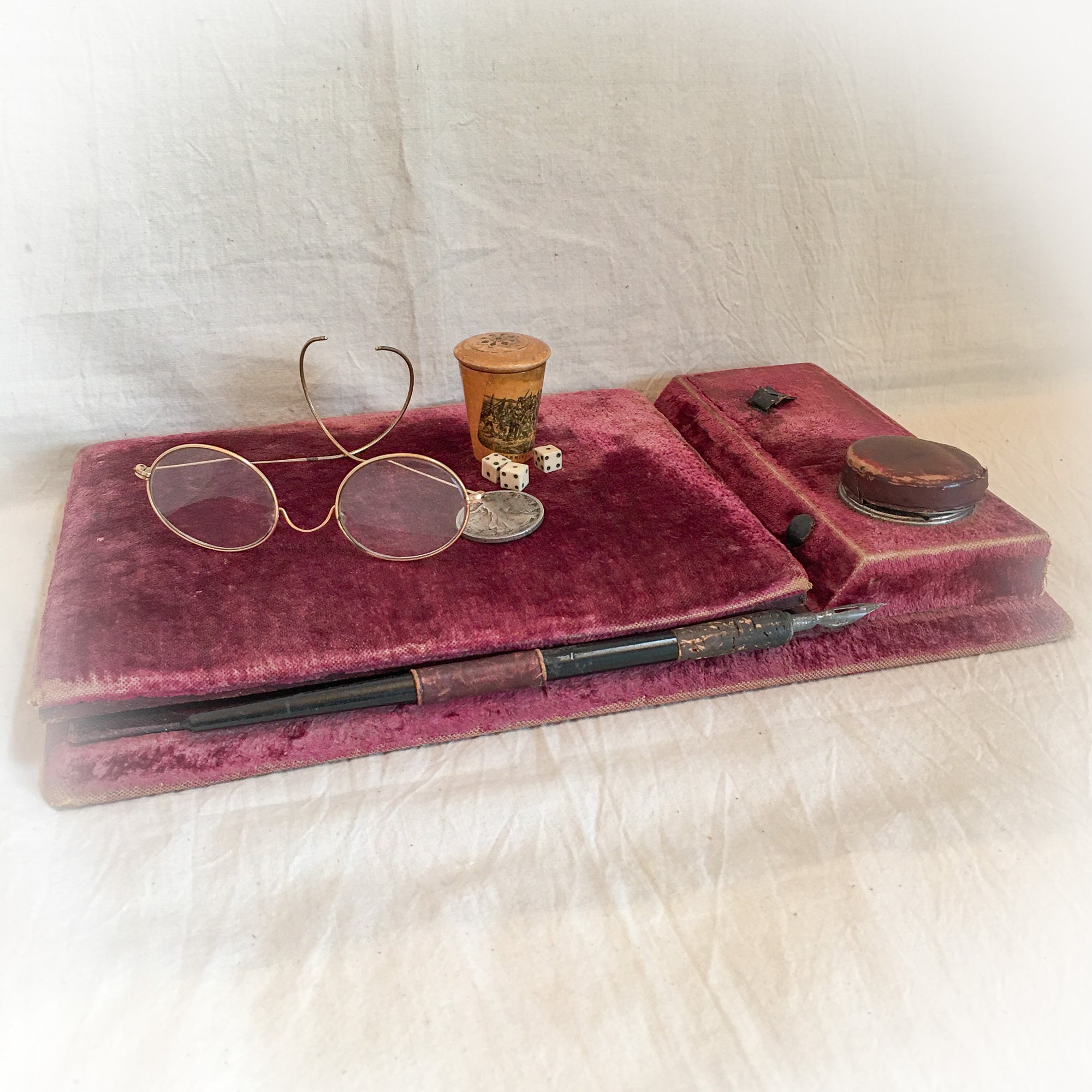 1888 Victorian Desk Set, Velvet and Leather, Includes Ink Well and Dip Pen