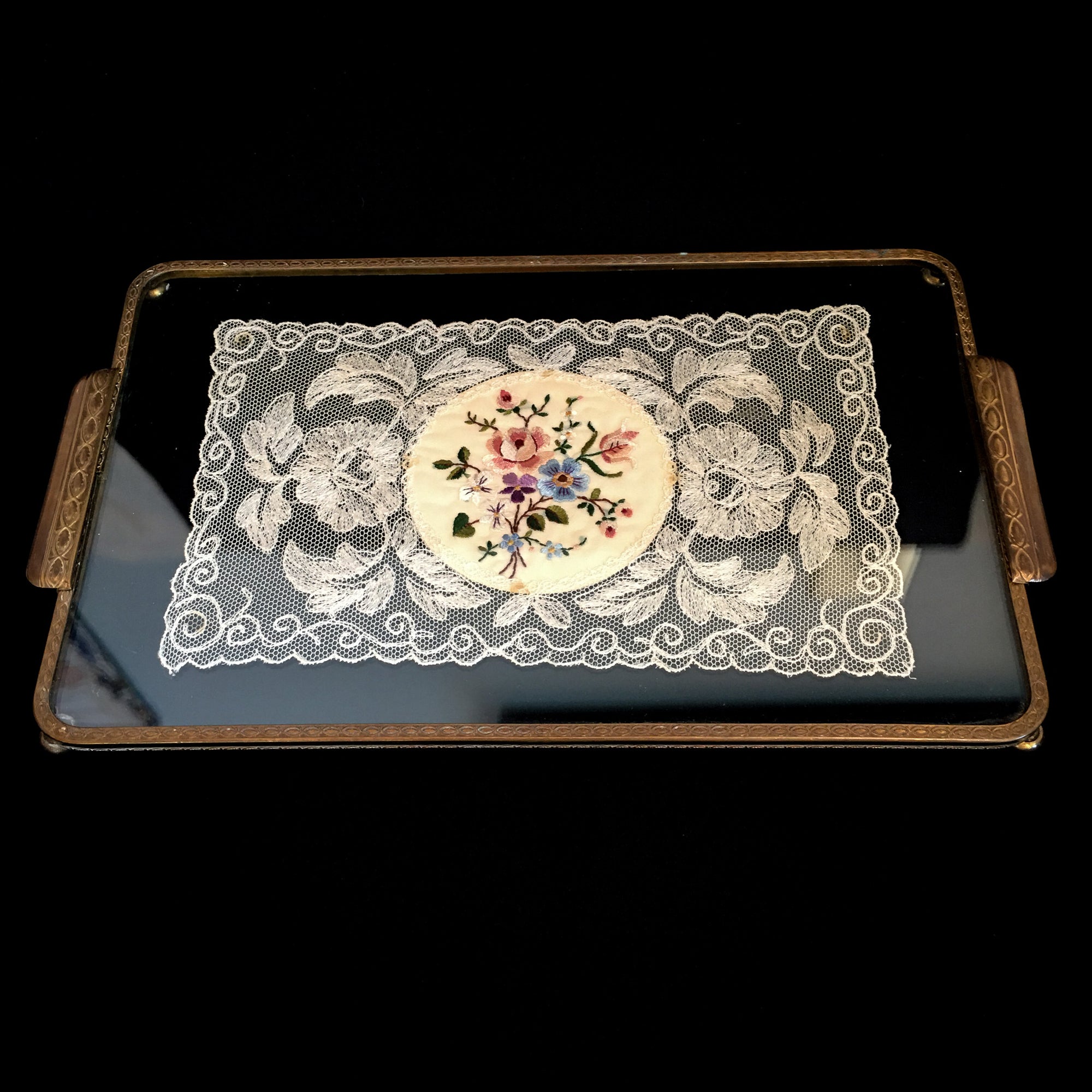 Vintage Glass and Brass Tray with Lace and Silk Embroidery