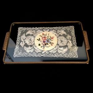 Vintage Glass and Brass Tray with Lace and Silk Embroidery