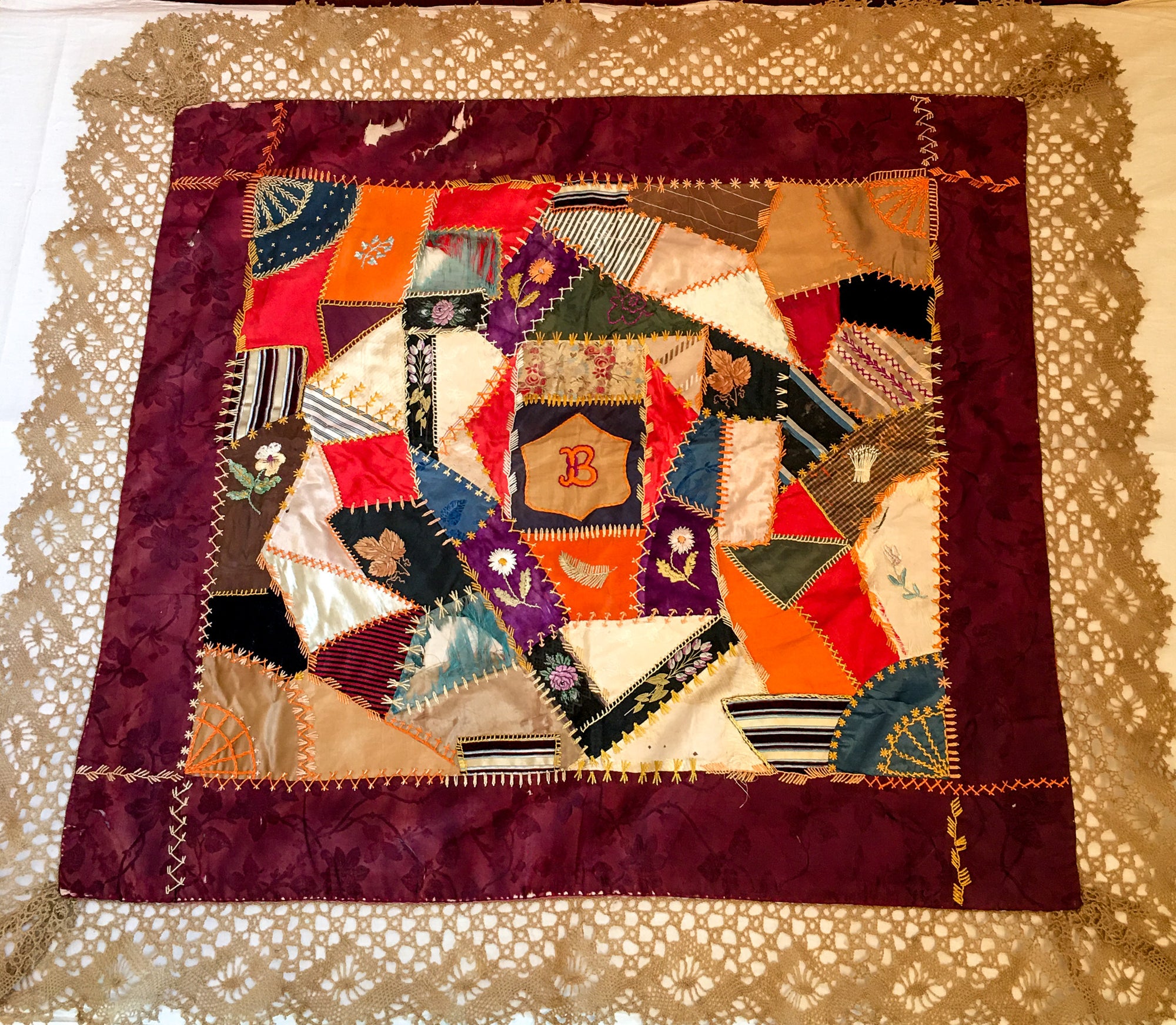 Late 1800’s Silk and Velvet Crazy Quilt Tablecloth/Wall Hanging