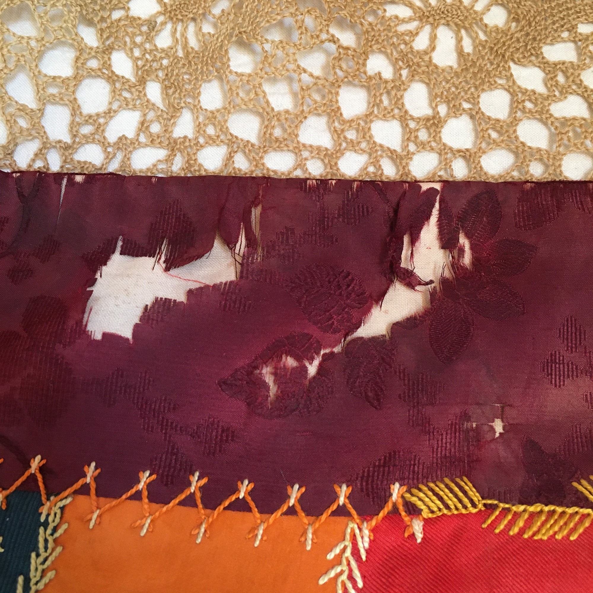 Late 1800’s Silk and Velvet Crazy Quilt Tablecloth/Wall Hanging