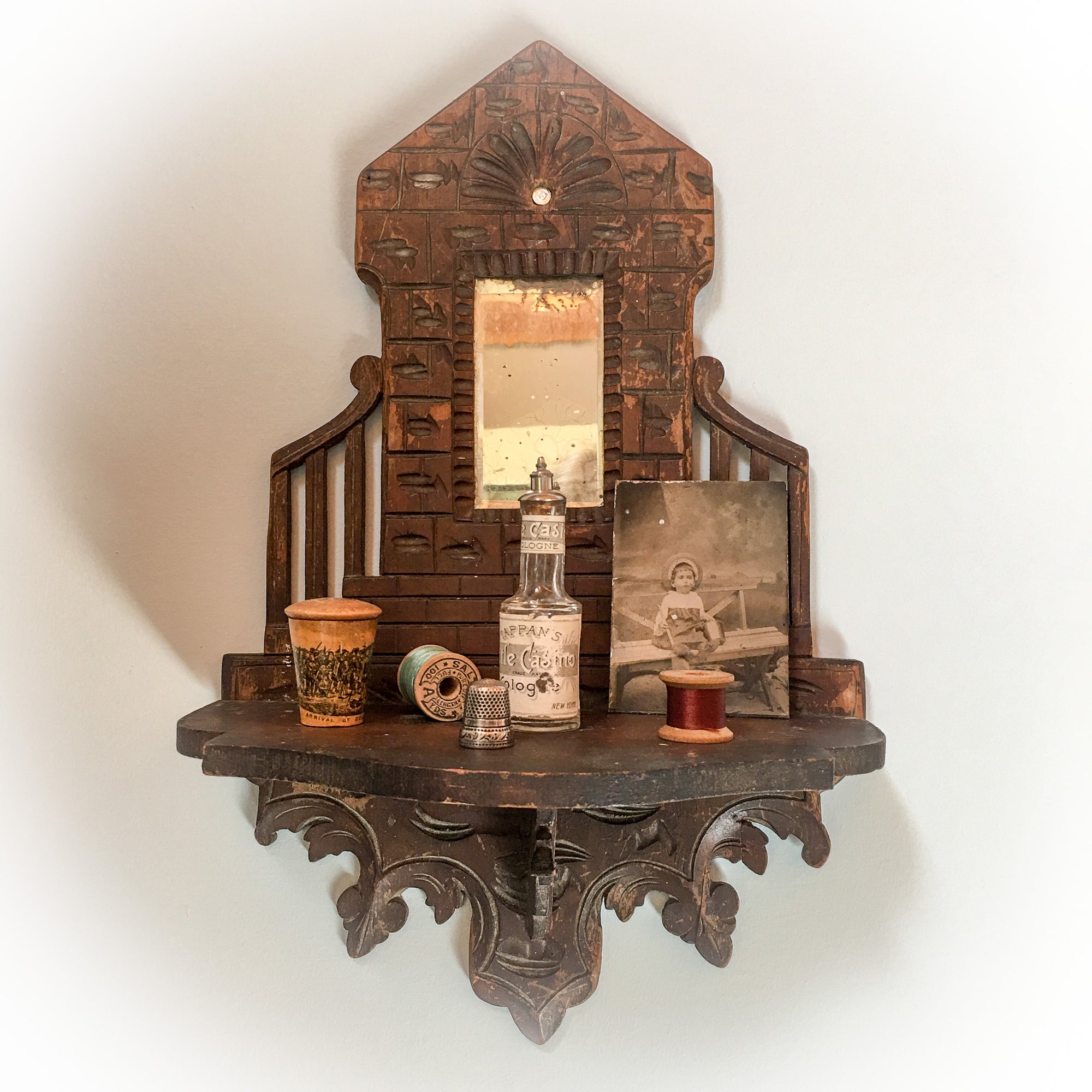 Mid 1800’s Hand Crafted Folding Wall Shelf with Smoky Mirror
