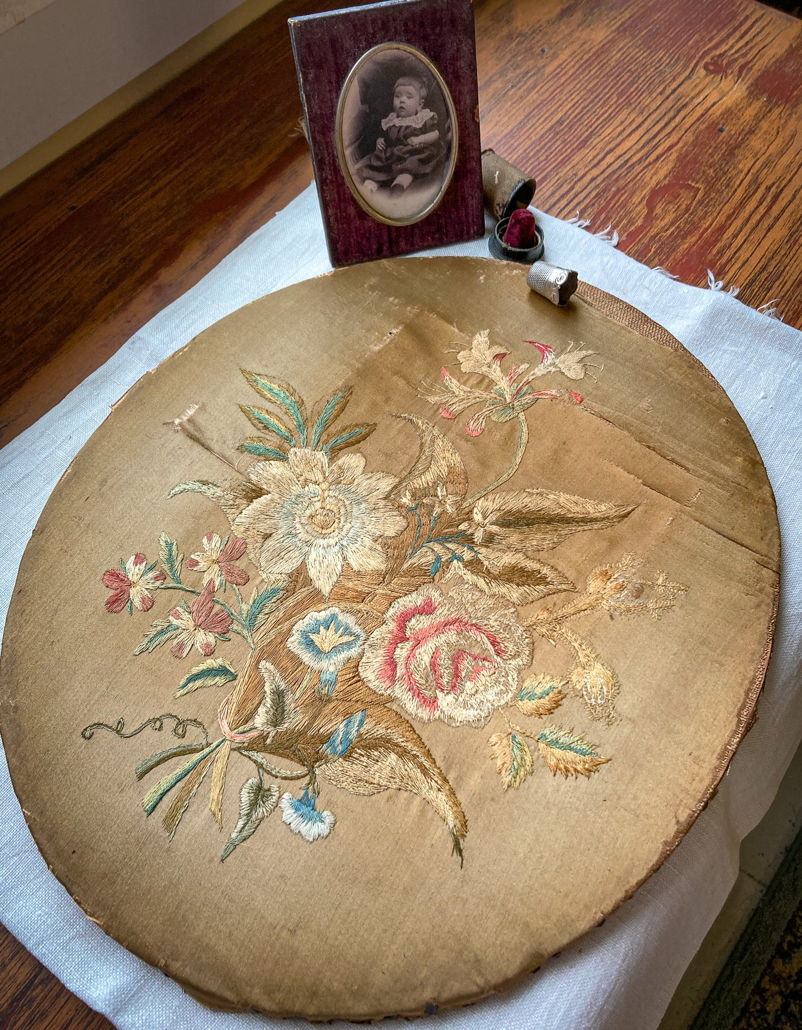 Very Early Embroidery on Silk with Wood Frame