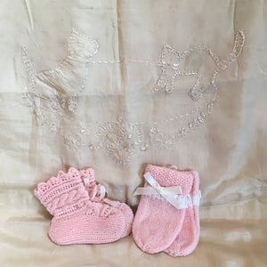 Vintage Baby!  Handmade Silk Blanket, Mittens and Booties, Hazel Atlas “Baby Bunting” Bottle