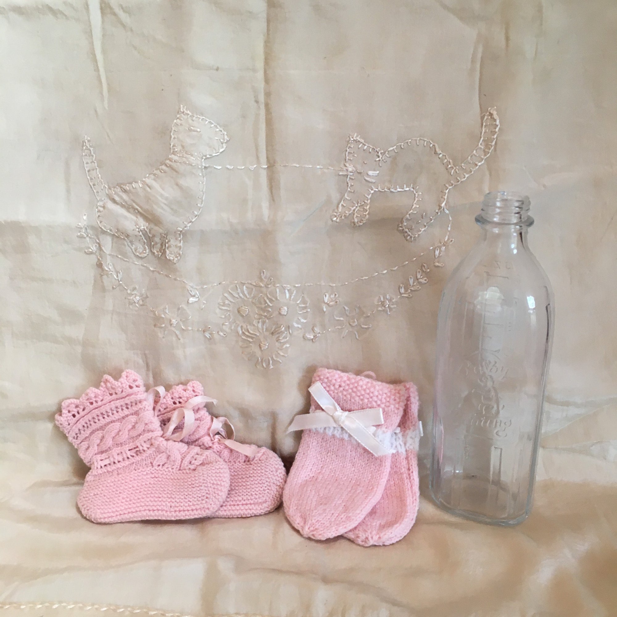 Vintage Baby!  Handmade Silk Blanket, Mittens and Booties, Hazel Atlas “Baby Bunting” Bottle