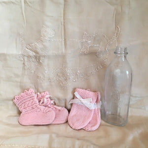 Vintage Baby!  Handmade Silk Blanket, Mittens and Booties, Hazel Atlas “Baby Bunting” Bottle