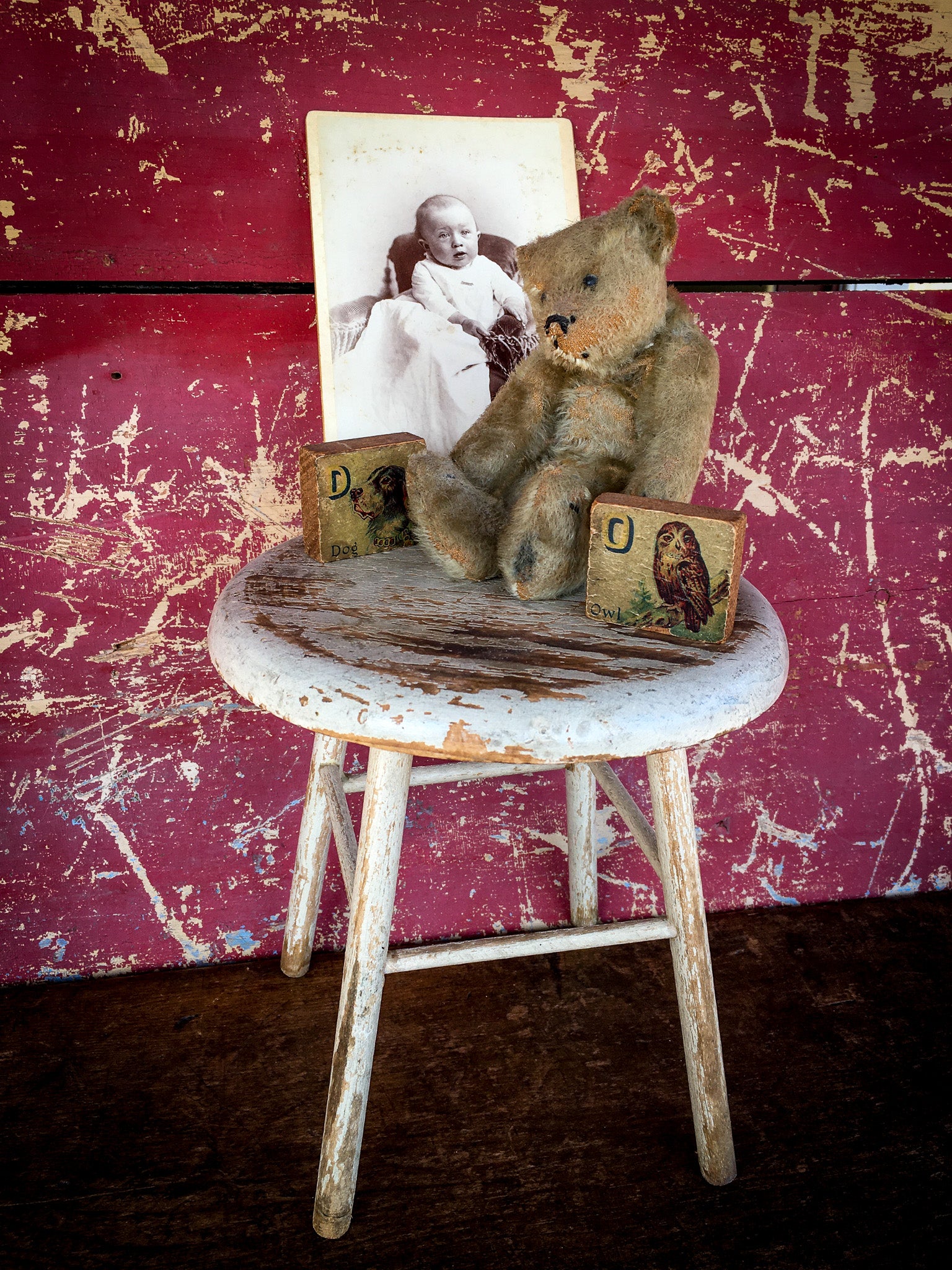 Antique Child Size Wood Stool in White Paint