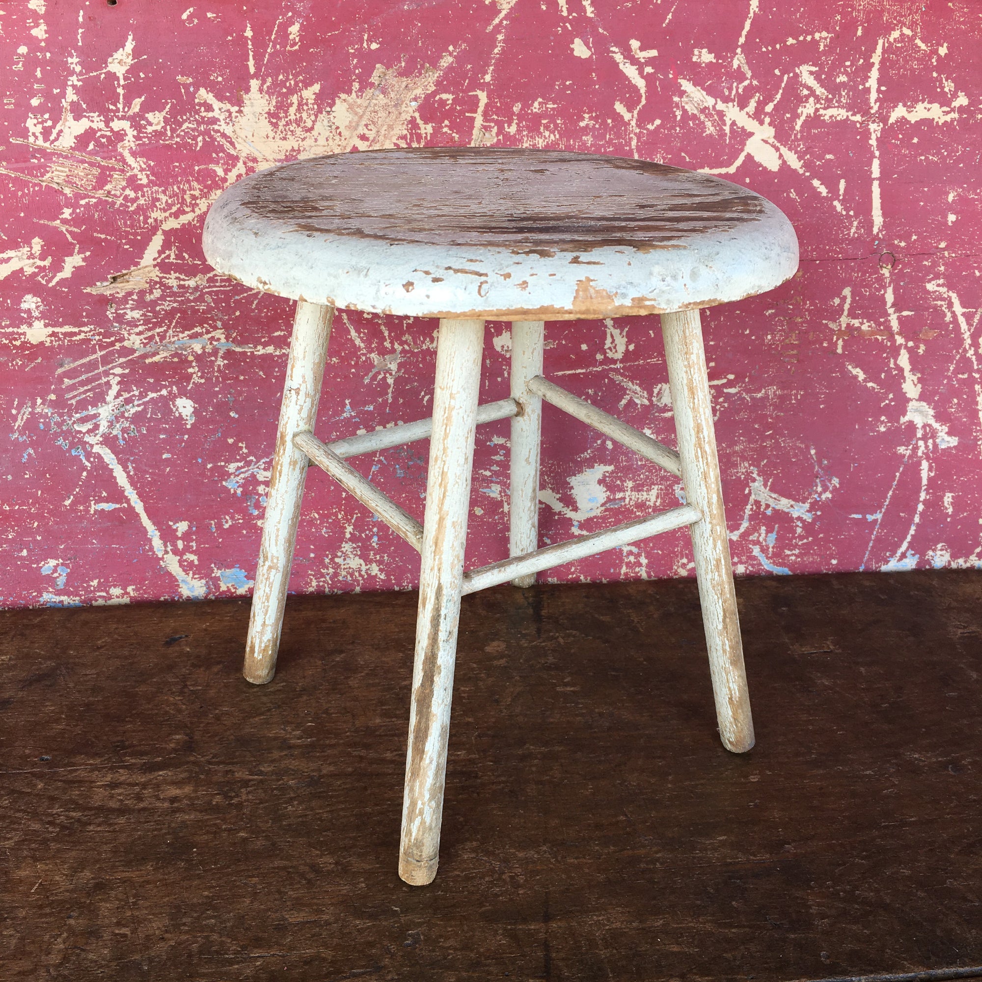 Antique Child Size Wood Stool in White Paint