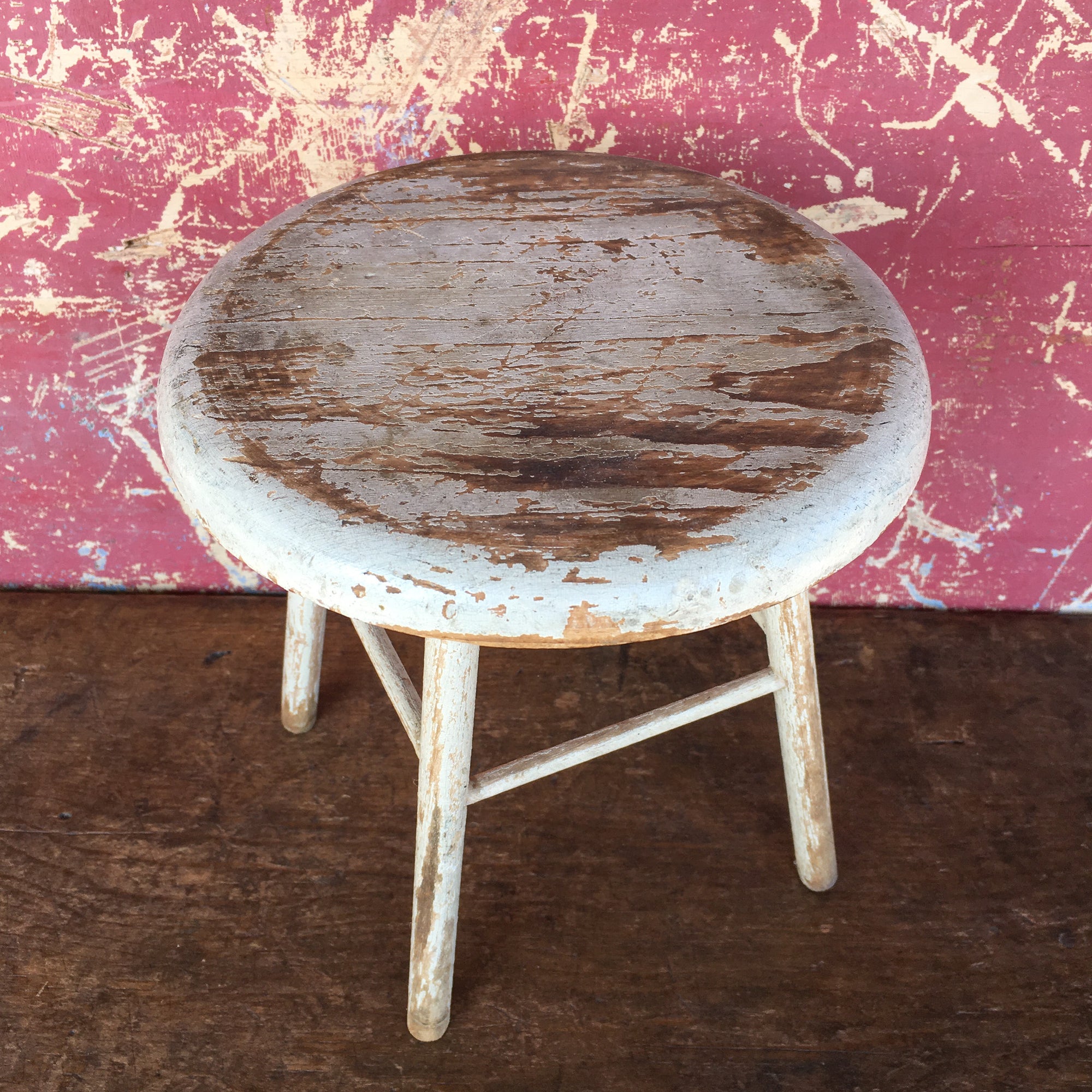 Antique Child Size Wood Stool in White Paint