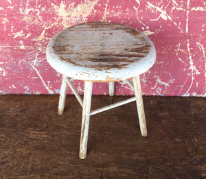 Antique Child Size Wood Stool in White Paint