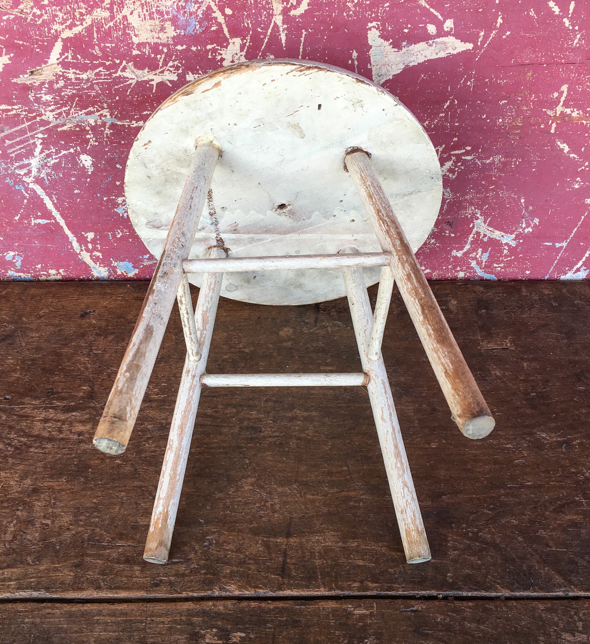 Antique Child Size Wood Stool in White Paint