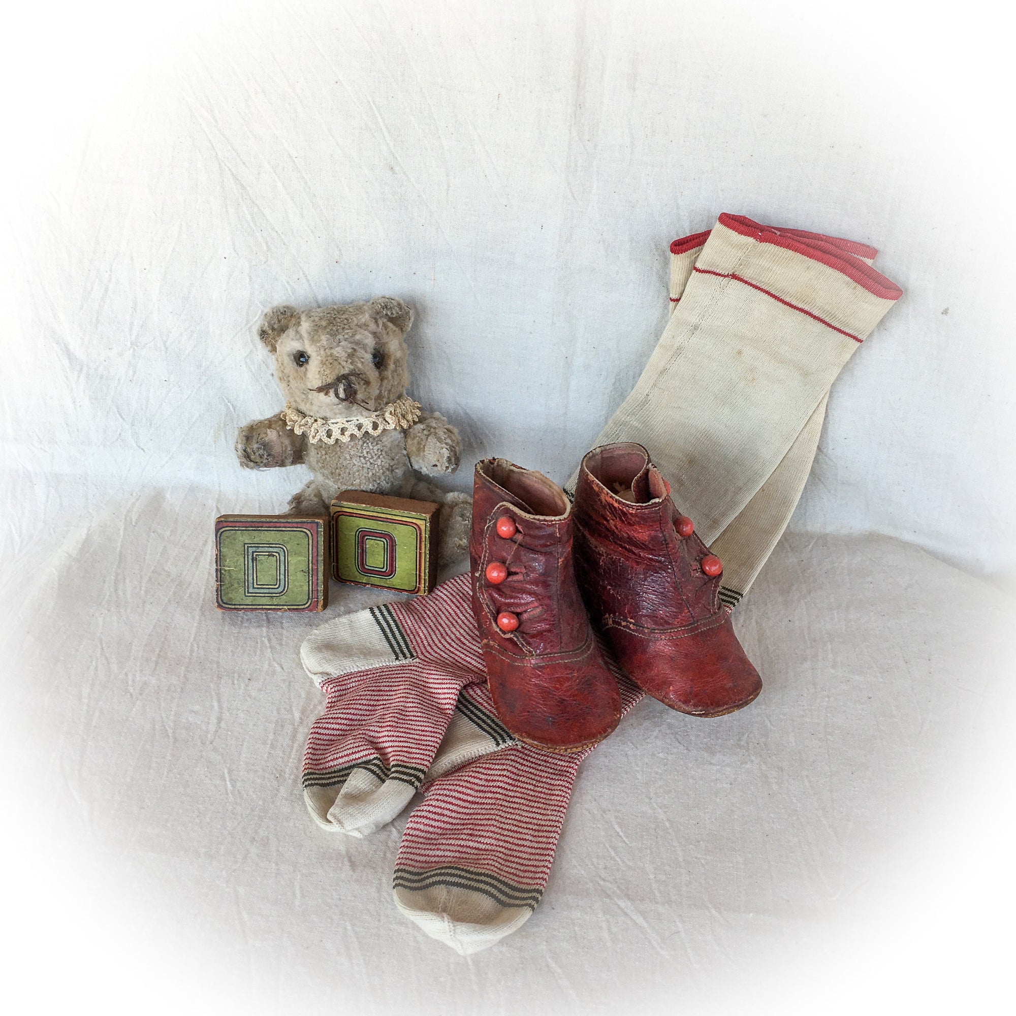 1800’s Red Leather Baby Shoes and Baby Stockings with Red Stripes