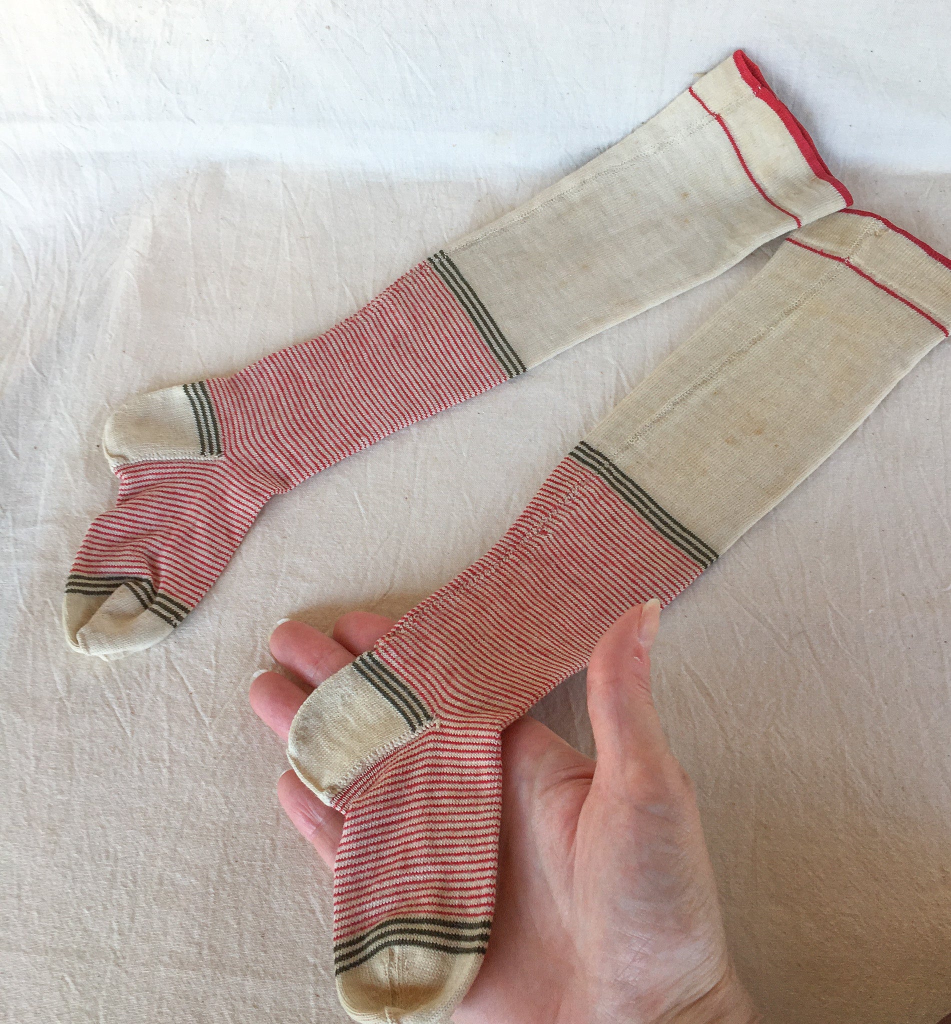 1800’s Red Leather Baby Shoes and Baby Stockings with Red Stripes