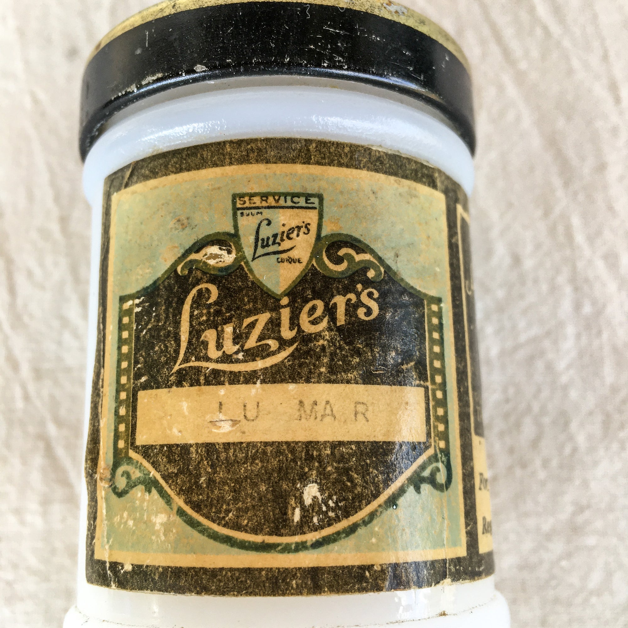 1920’s Luzier’s Skincare Cream Jar, Hazel Atlas Milk Glass Jar, Art Deco Design