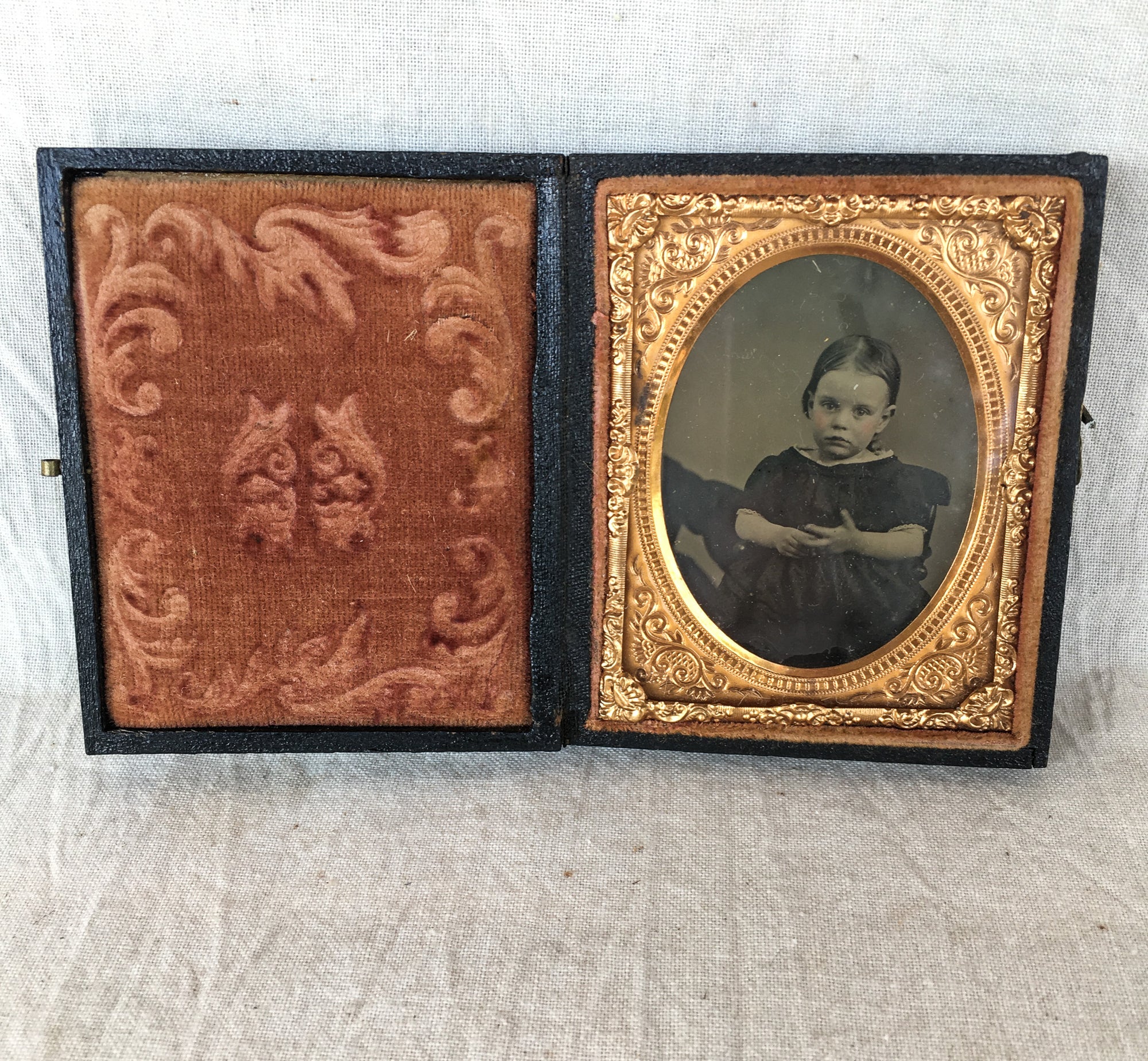 1850’s to 1870’s Tintype Photo of Toddler Girl in Original Gutta-Percha Case