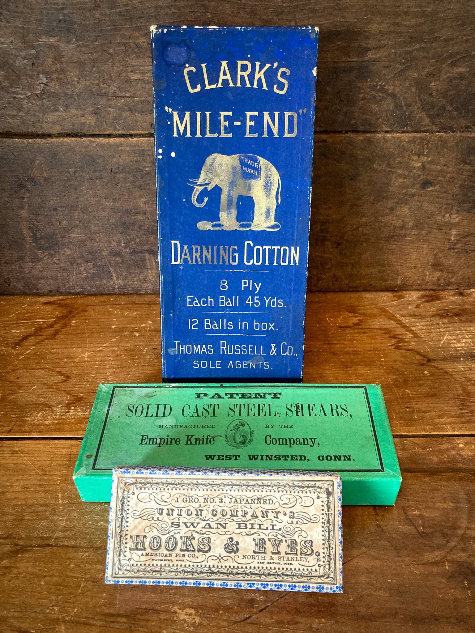 Set of 3 Boxes:  Clark’s Darning Cotton, Swan Bill Hooks & Eyes, Cast Steel Shears