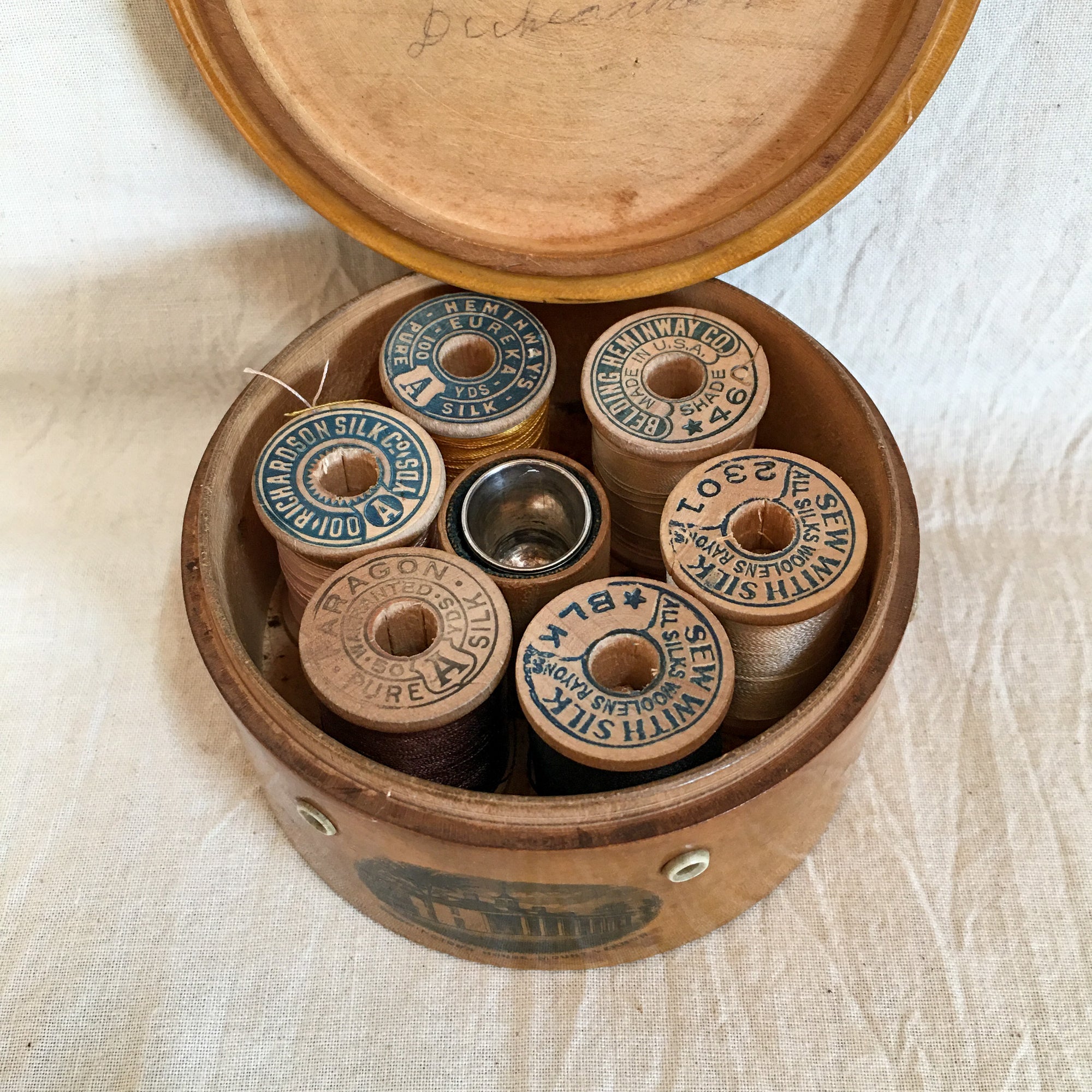 Civil War Era Mauchline Ware Spool Box with Handwritten Note (Father Dickerman)