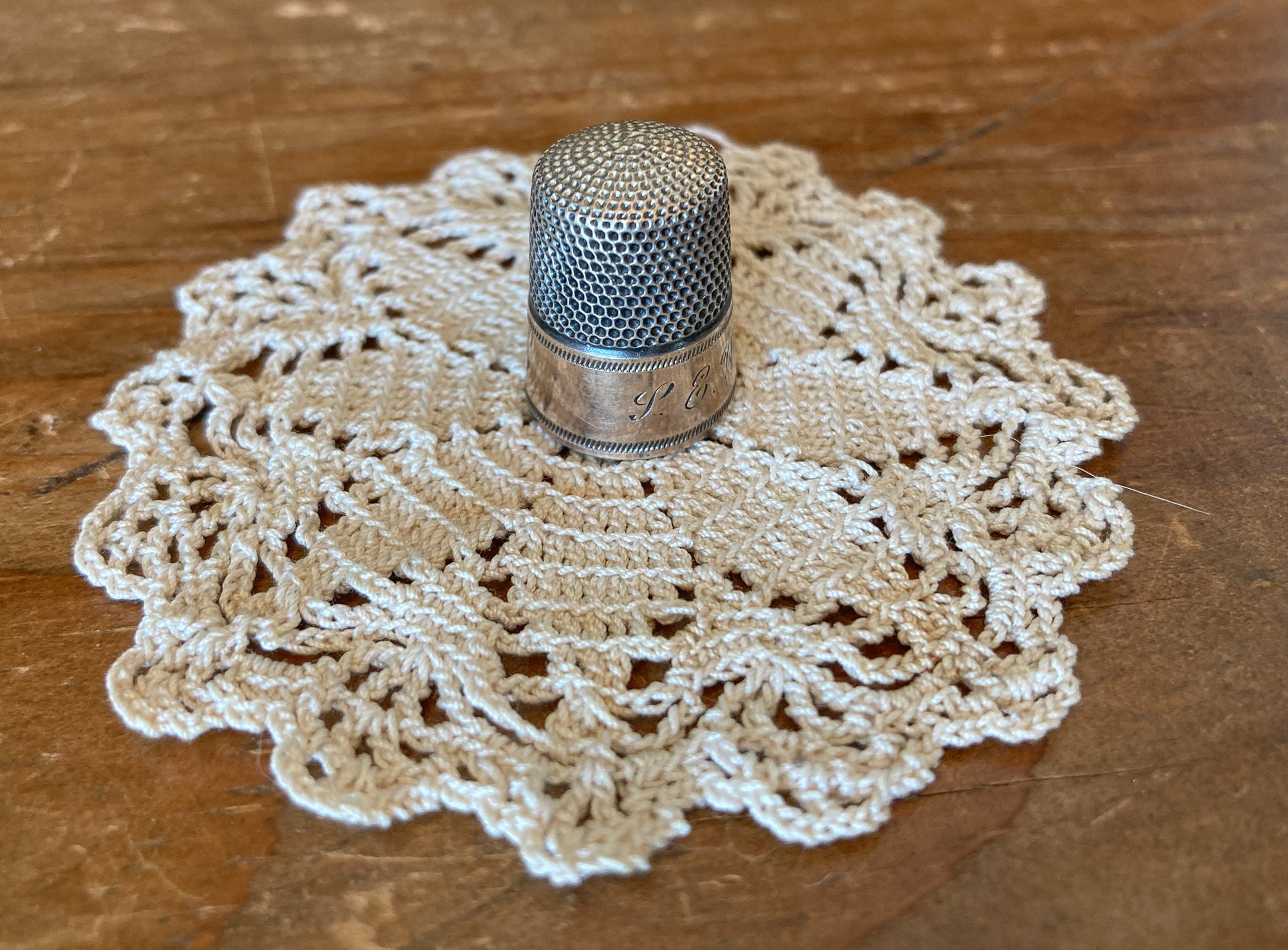 Thimble, Sterling Silver with Gold Wash, Engraved P.E.W., Size 12