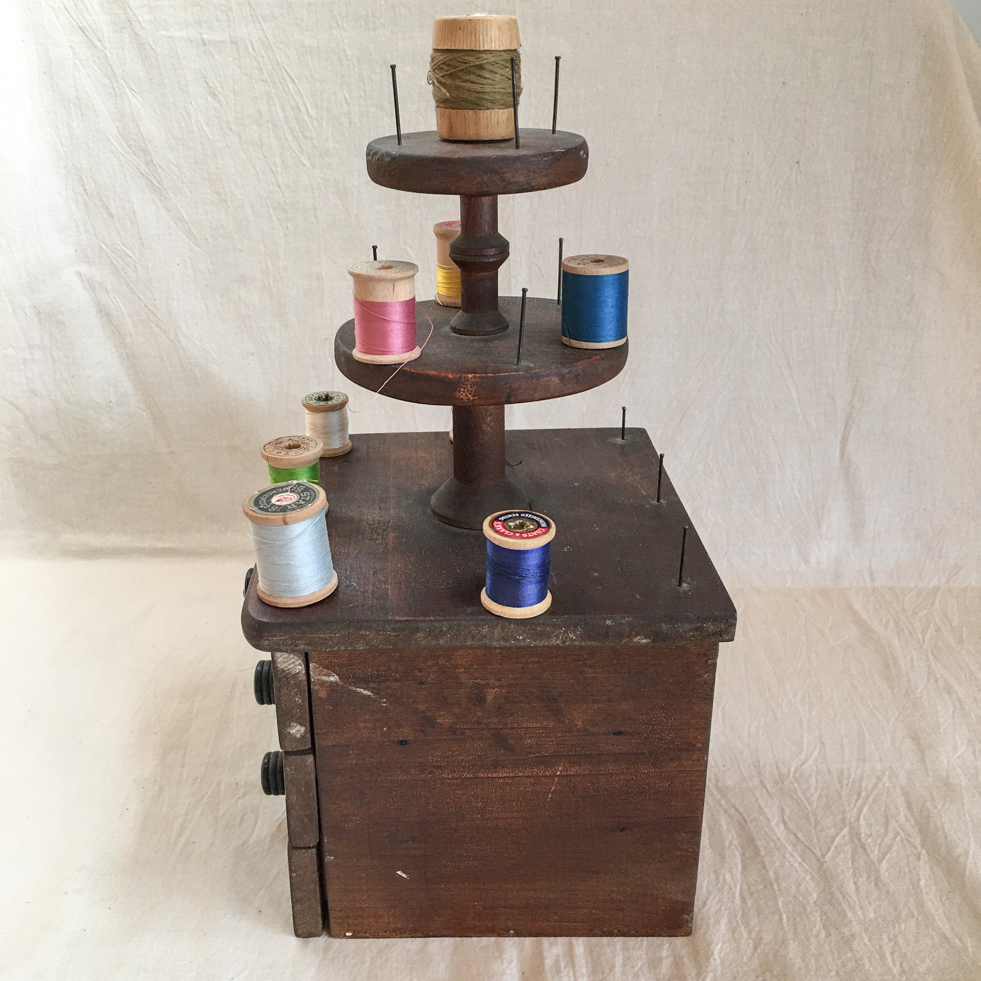 Antique Handcrafted Folk Art Sewing Box with Spool Holder