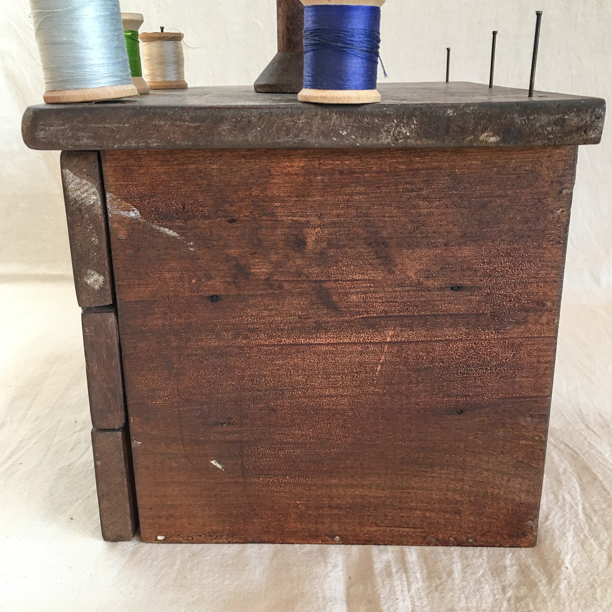 Antique Handcrafted Folk Art Sewing Box with Spool Holder