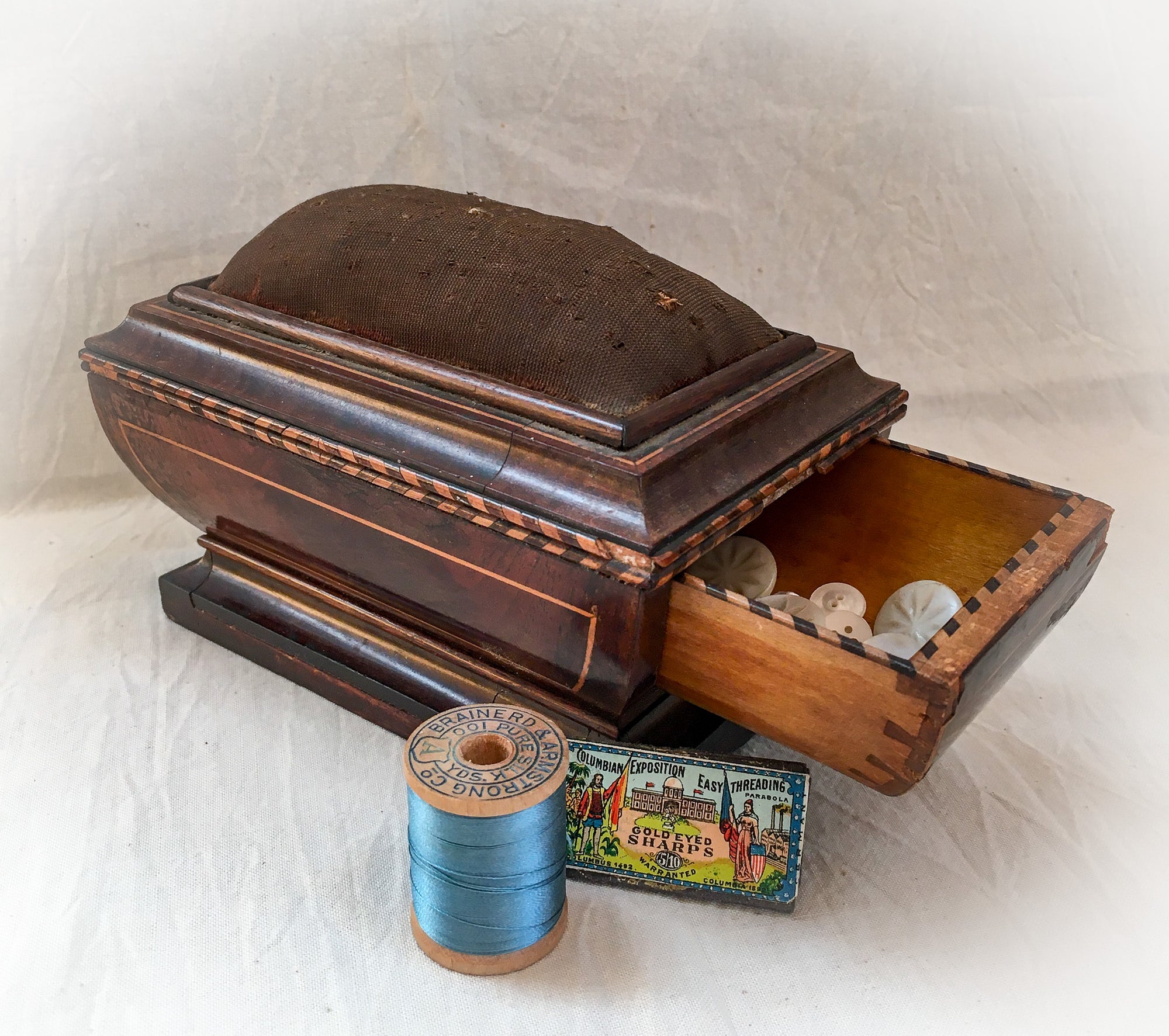 Victorian Era Pin Cushion with Ornate Inlaid Base, Iron Table Clamp and Hidden Drawer