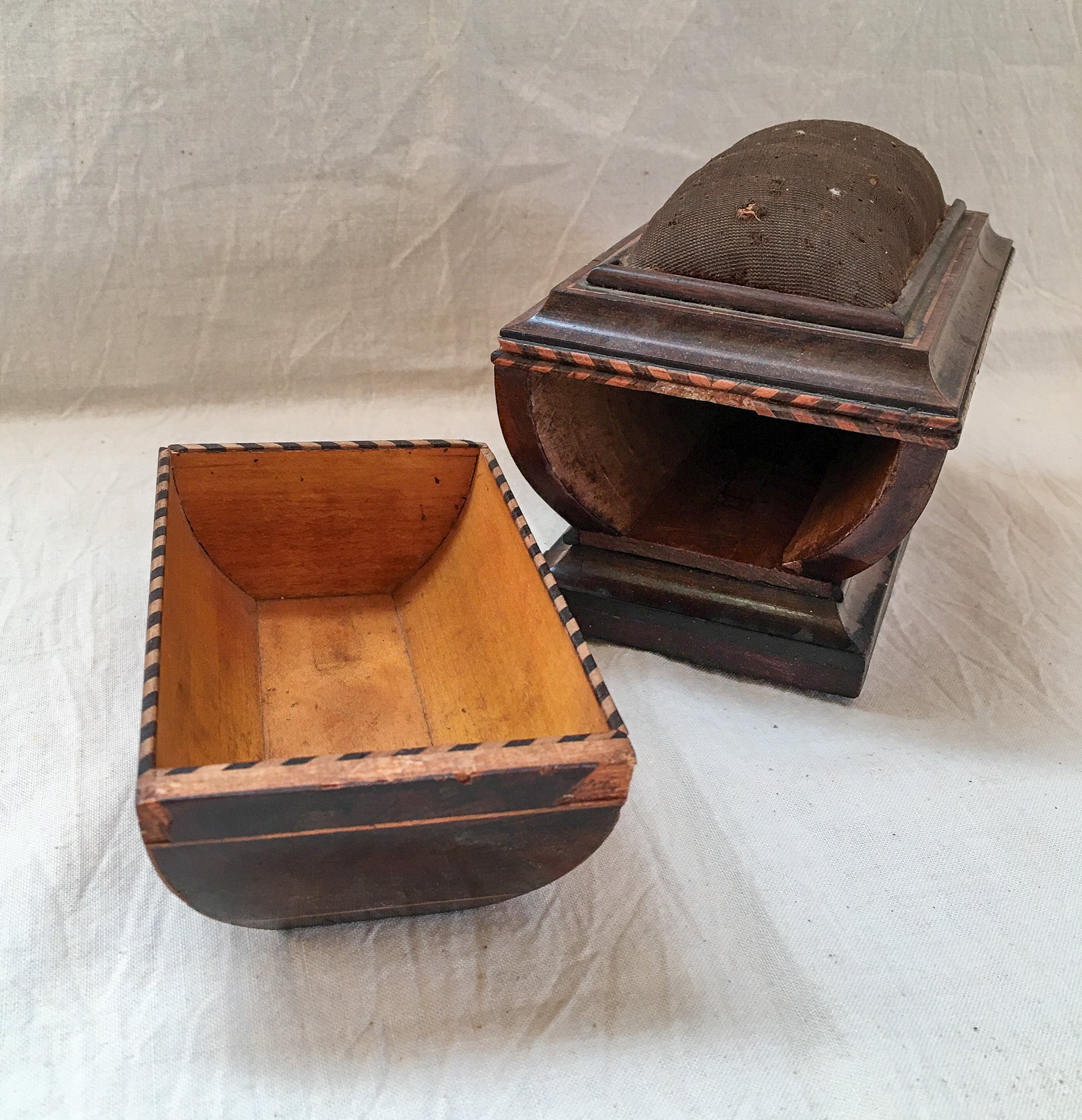 Victorian Era Pin Cushion with Ornate Inlaid Base, Iron Table Clamp and Hidden Drawer