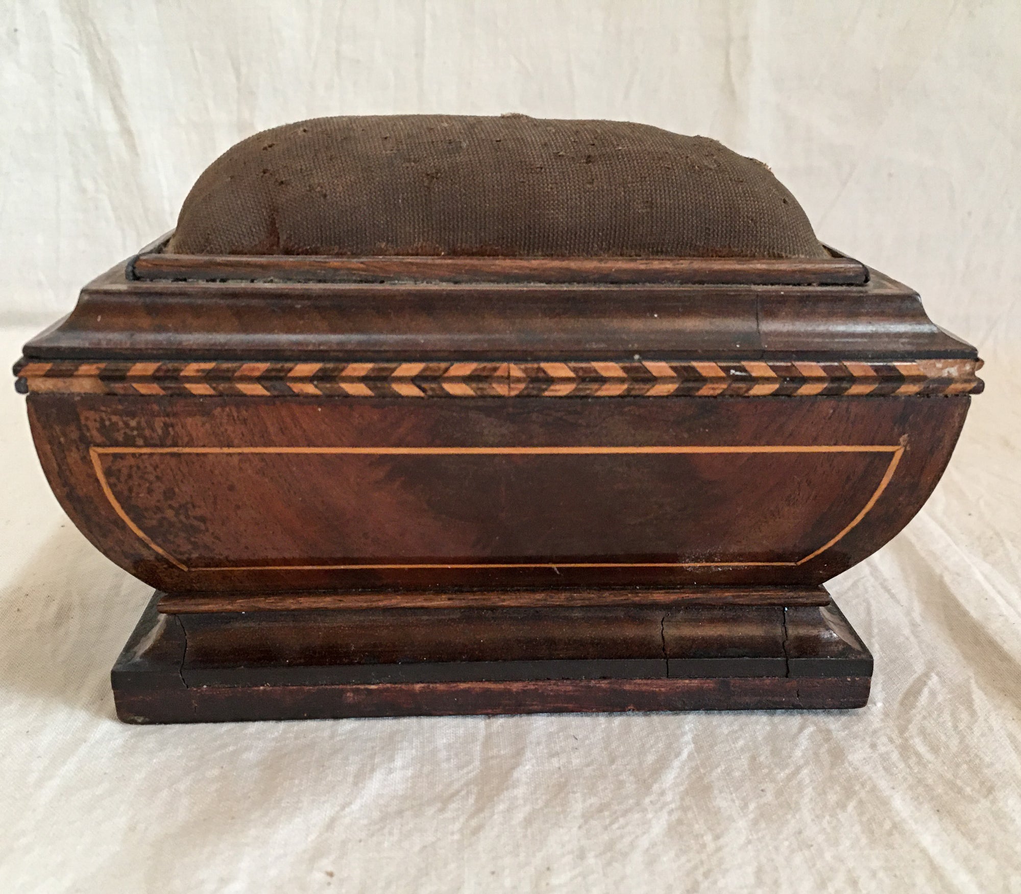 Victorian Era Pin Cushion with Ornate Inlaid Base, Iron Table Clamp and Hidden Drawer