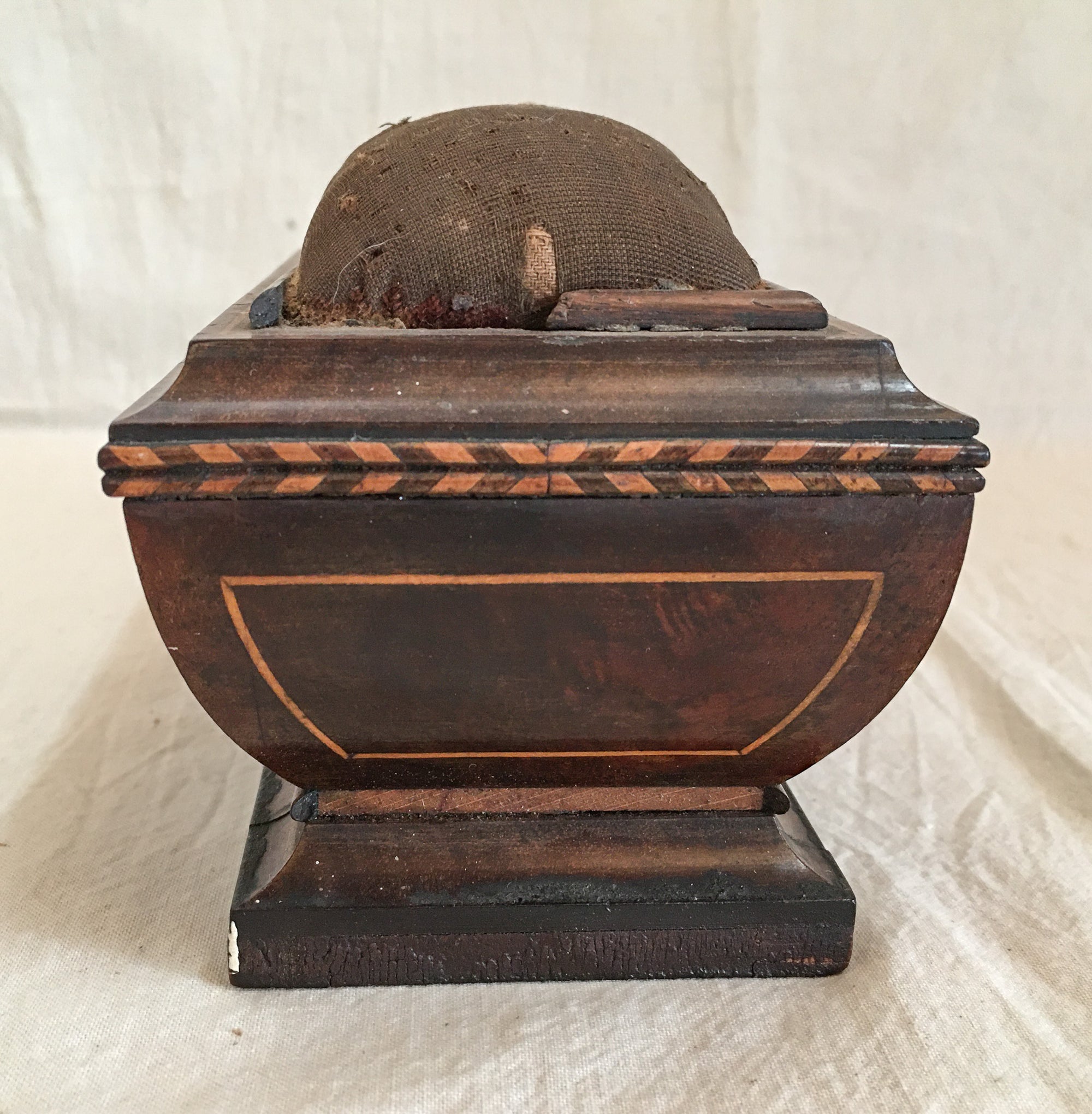 Victorian Era Pin Cushion with Ornate Inlaid Base, Iron Table Clamp and Hidden Drawer