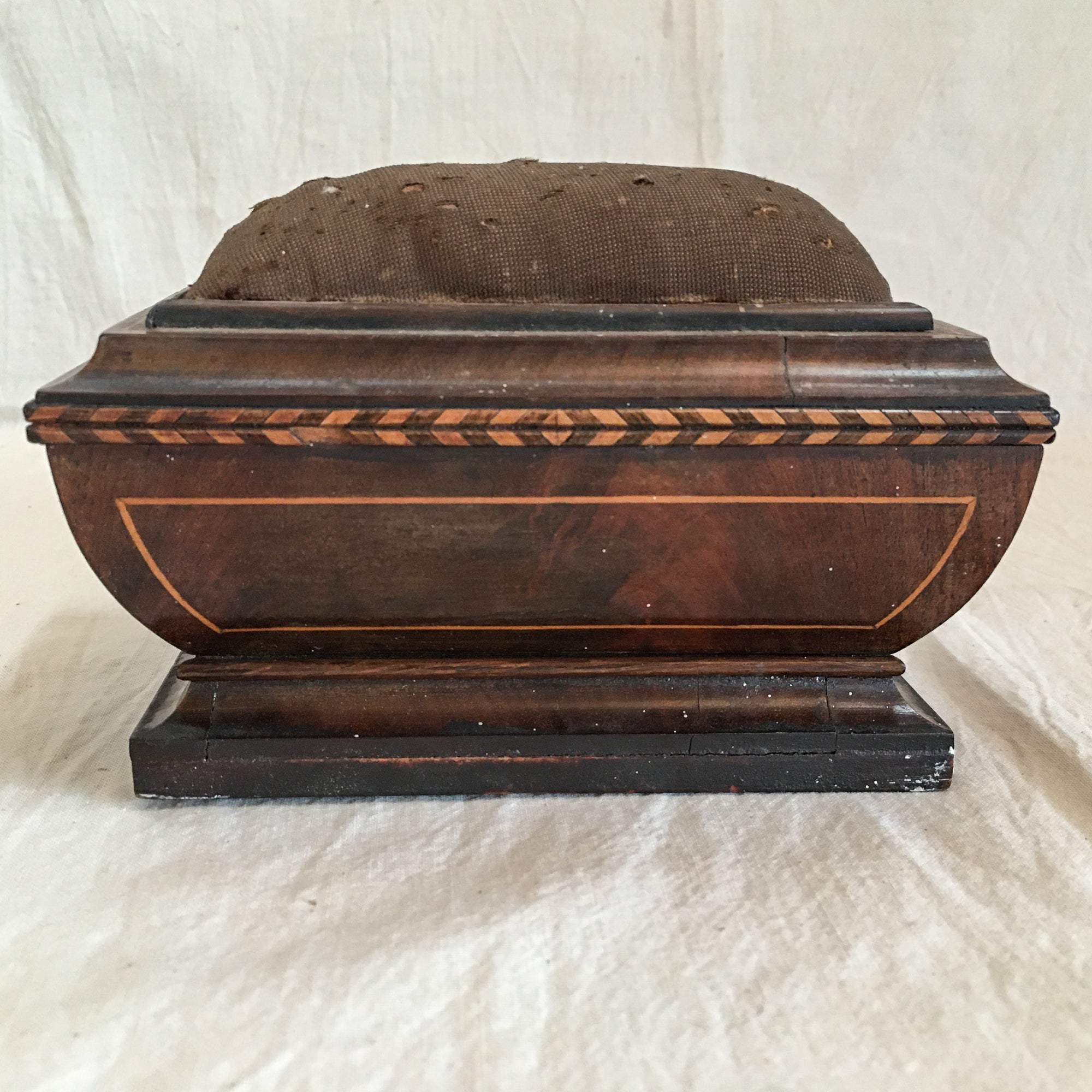 Victorian Era Pin Cushion with Ornate Inlaid Base, Iron Table Clamp and Hidden Drawer