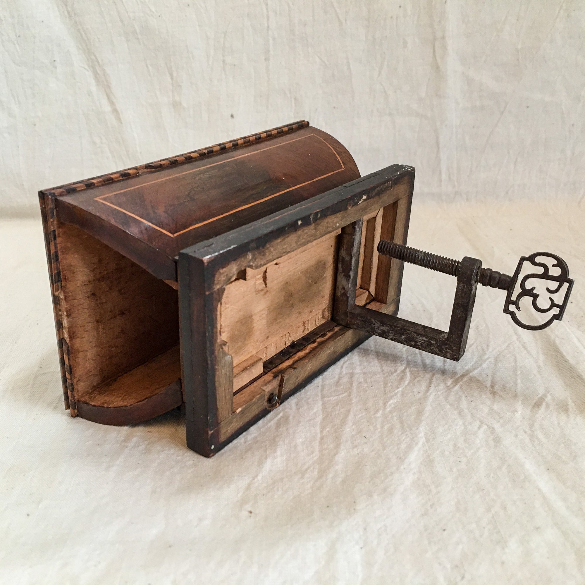 Victorian Era Pin Cushion with Ornate Inlaid Base, Iron Table Clamp and Hidden Drawer