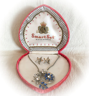 Mid Century Jewelry Set in Original Velvet Heart Shaped Box