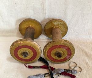 Set of 2 Wooden Spools, 6”, Original Red and Mustard Paint