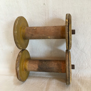 Set of 2 Wooden Spools, 6”, Original Red and Mustard Paint