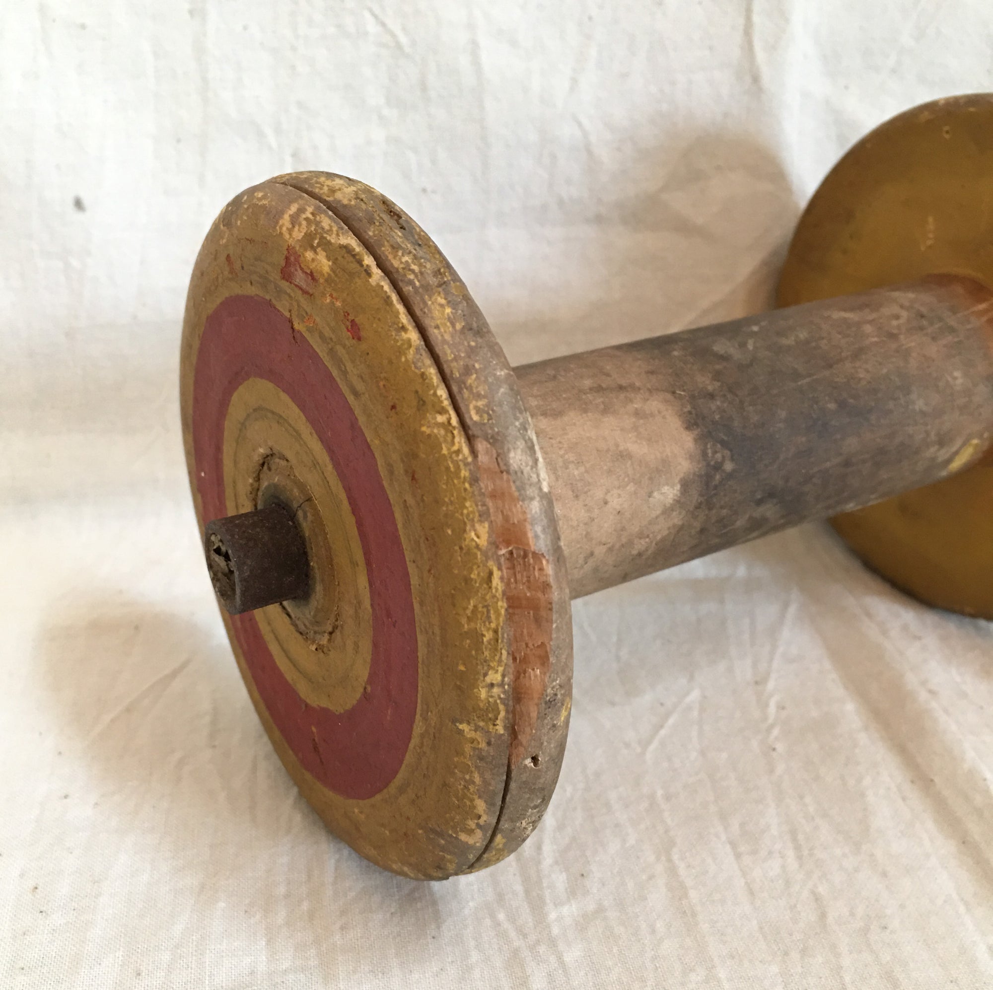 Set of 2 Wooden Spools, 6”, Original Red and Mustard Paint