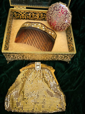 Vintage Vanity Set:  Victorian Celluloid and 22K Gold Hair Comb, Jewelry Casket, Whiting & Davis Purse, Stratton Compact