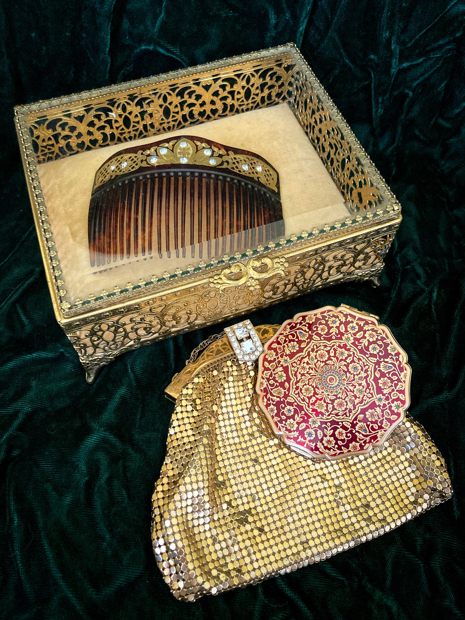 Vintage Vanity Set:  Victorian Celluloid and 22K Gold Hair Comb, Jewelry Casket, Whiting & Davis Purse, Stratton Compact