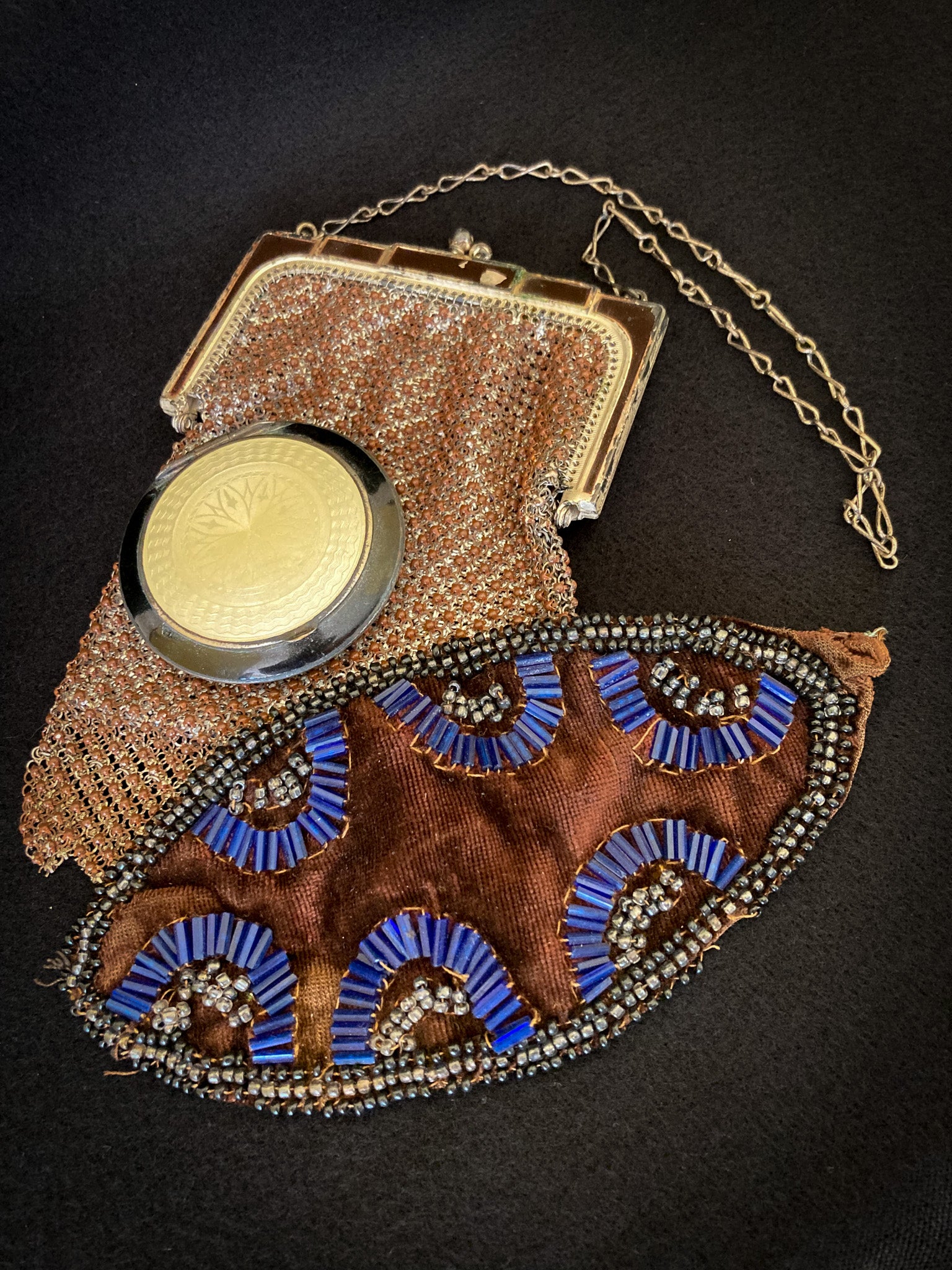 1920's Trio:  Whiting and Davis Enameled Purse, Silk Velvet Beaded Embellishment, and FMCO Compact