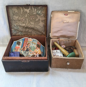 Pair of Sewing Boxes with Contents, Including Shell Sewing Clamp