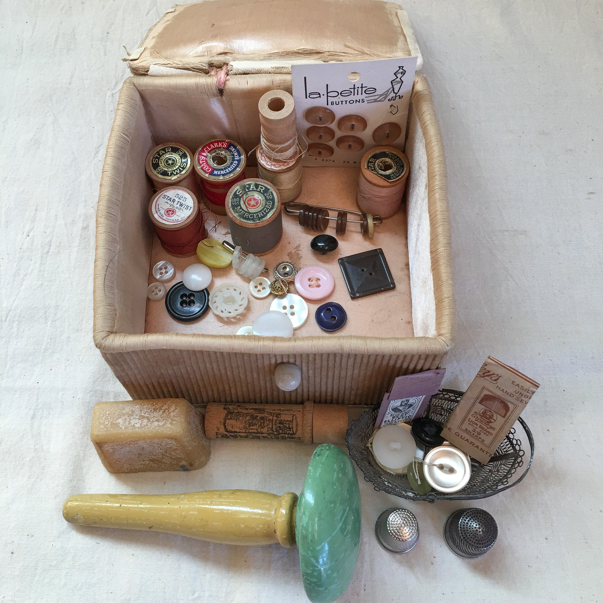 Pair of Sewing Boxes with Contents, Including Shell Sewing Clamp