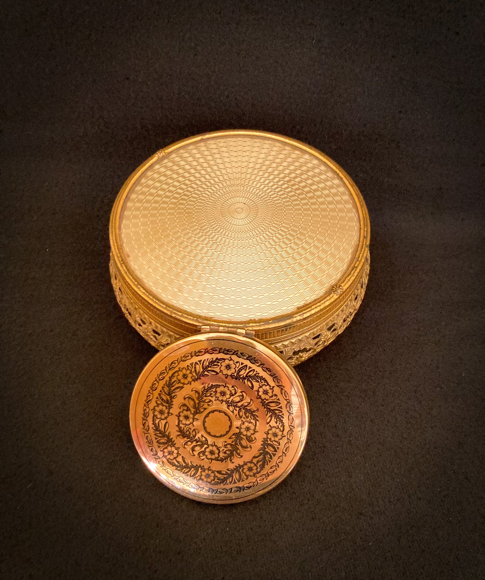 1920’s – 1930’s Glass and Brass Vanity/Powder Box and 1950's Kigu London Compact