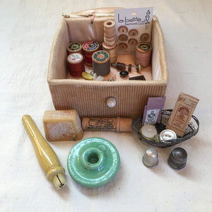 Pair of Sewing Boxes with Contents, Including Shell Sewing Clamp