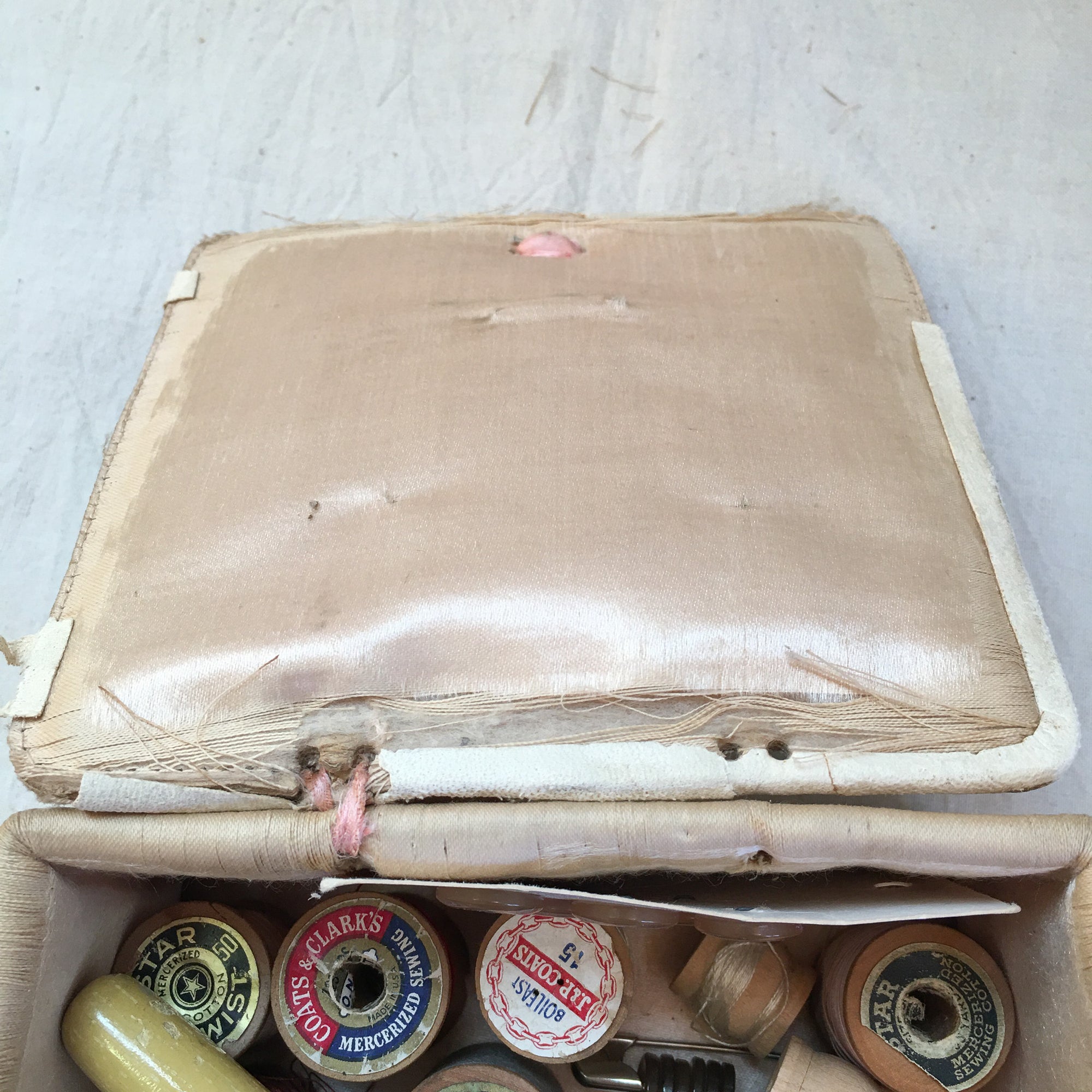 Pair of Sewing Boxes with Contents, Including Shell Sewing Clamp