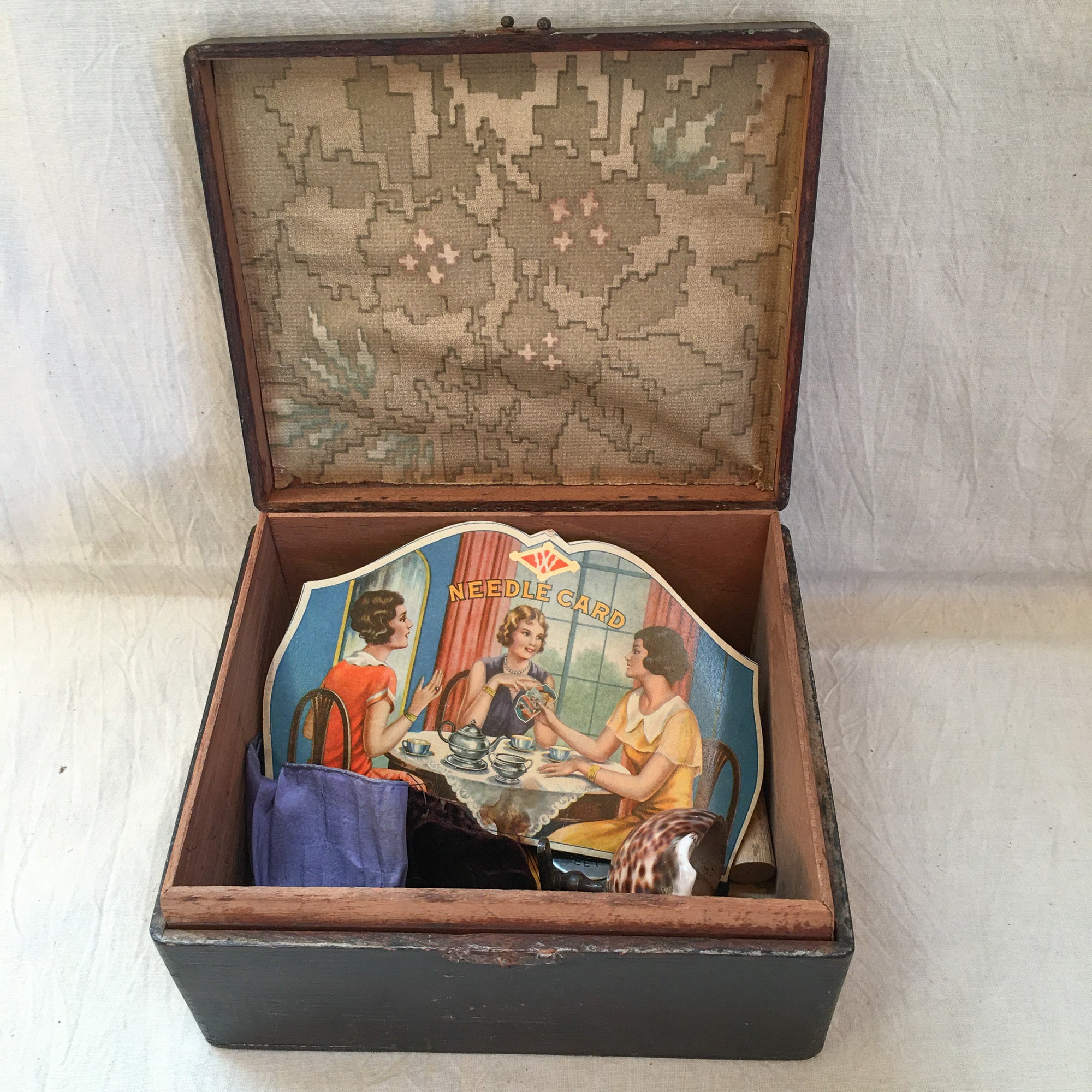 Pair of Sewing Boxes with Contents, Including Shell Sewing Clamp